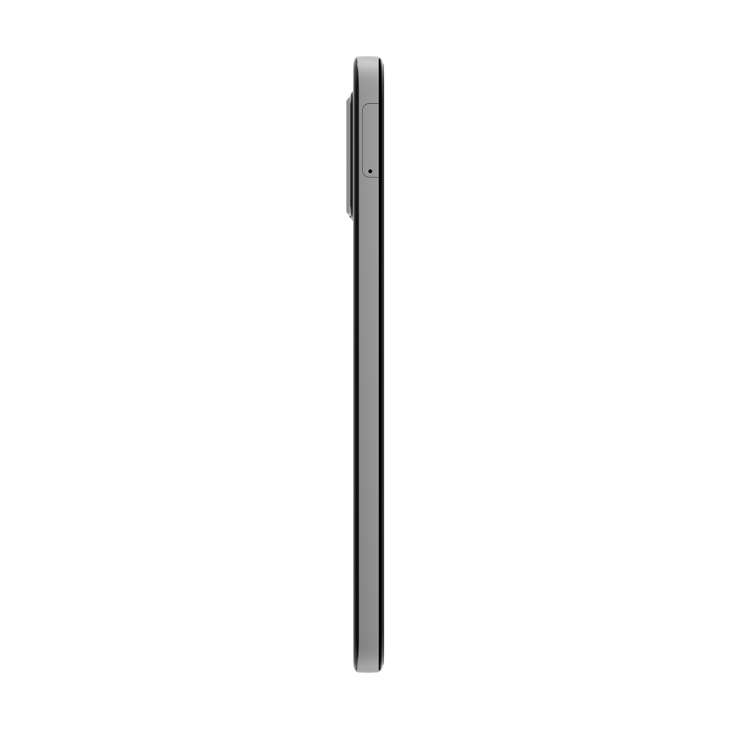 Ein schwarzes Smartphone, Seitenansicht, vor schwarzem Hintergrund.