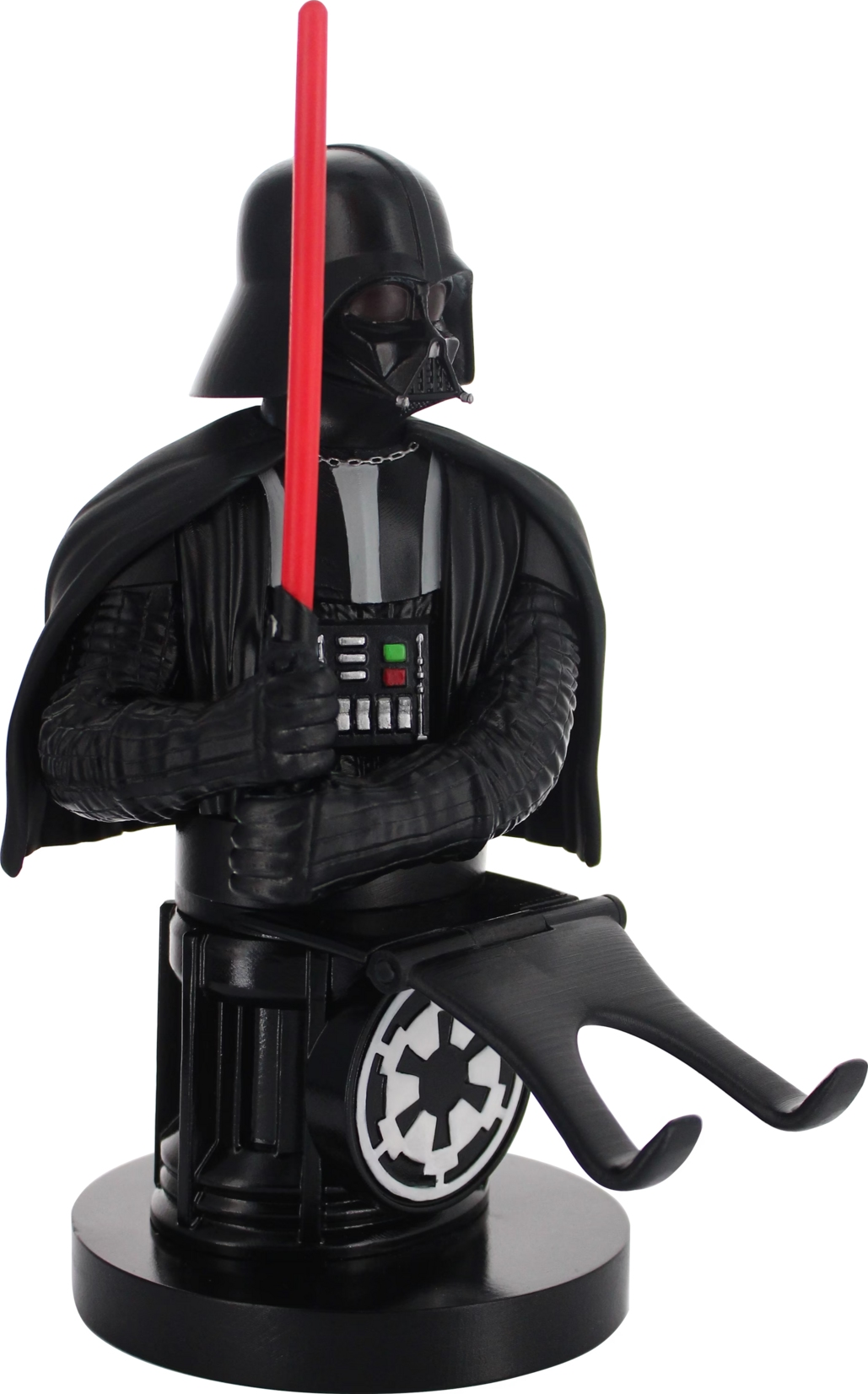 Un support de téléphone Darth Vader avec un sabre laser rouge. Noir avec le logo Star Wars.