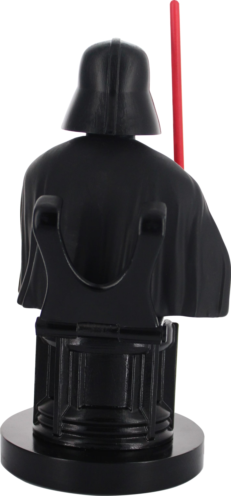 Un buste noir de Dark Vador avec un sabre laser rouge, vu de dos, sur une base noire.