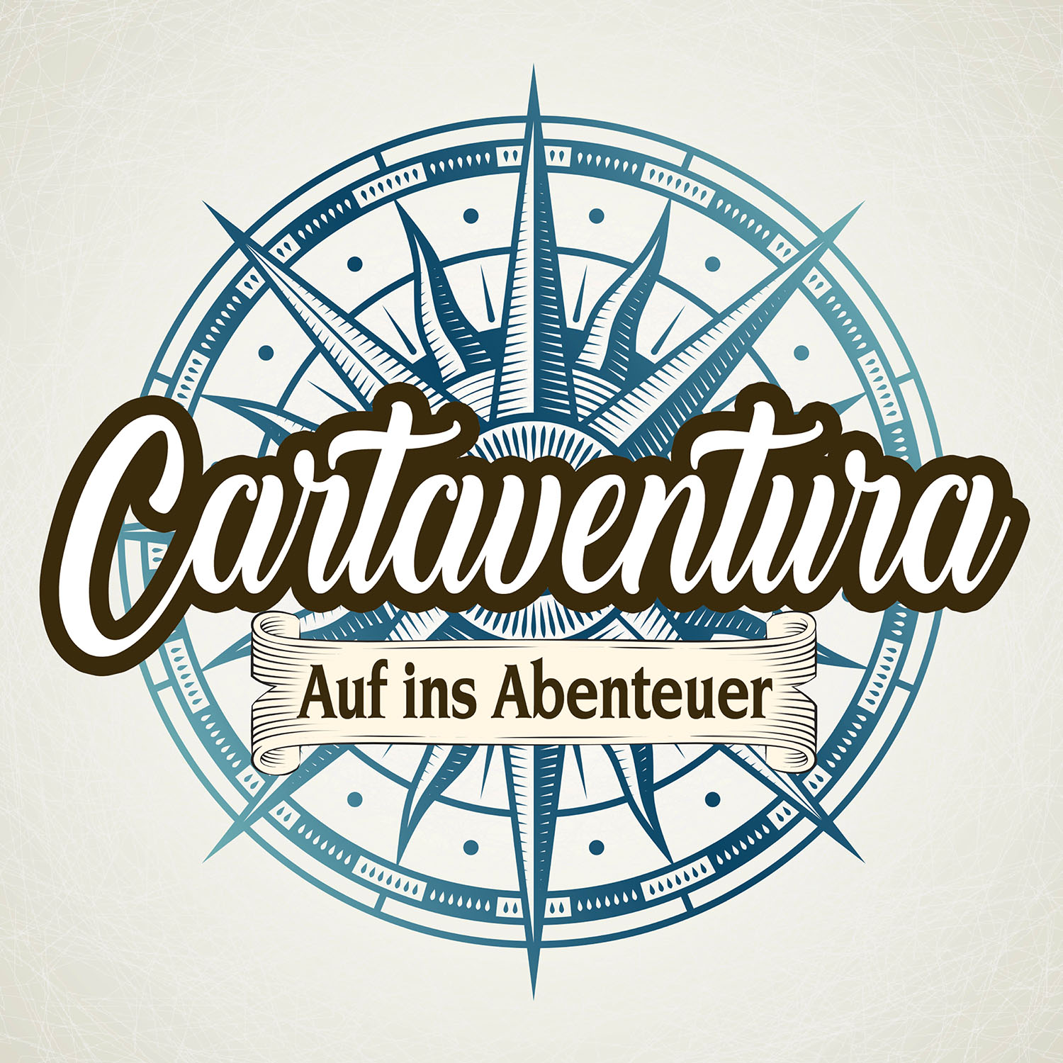 Cartaventura-Logo mit Kompassrose und Banner mit "Auf ins Abenteuer".