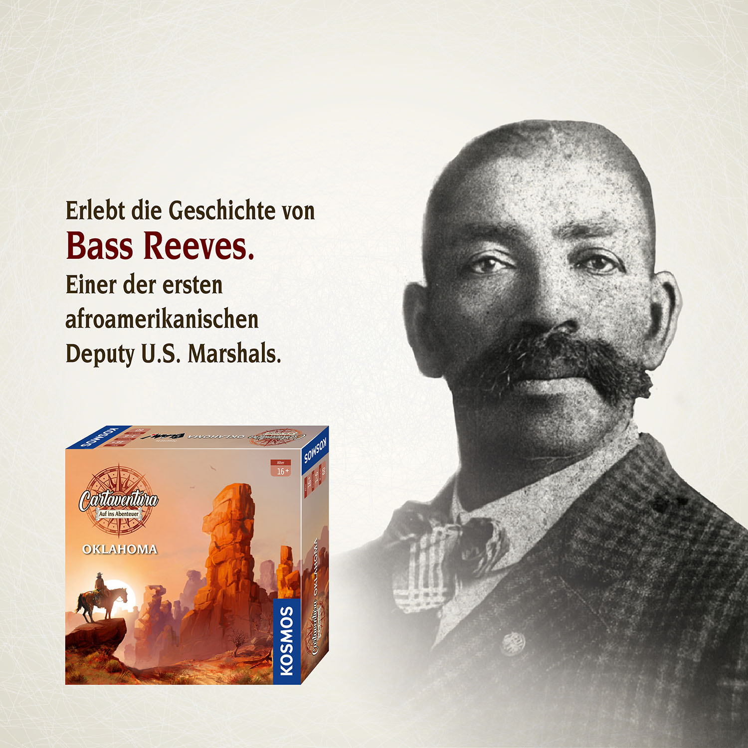 Bild zeigt Bass Reeves, einen schwarzen U.S. Marshal, neben einer Brettspielbox mit einer Wüstenlandschaft.
