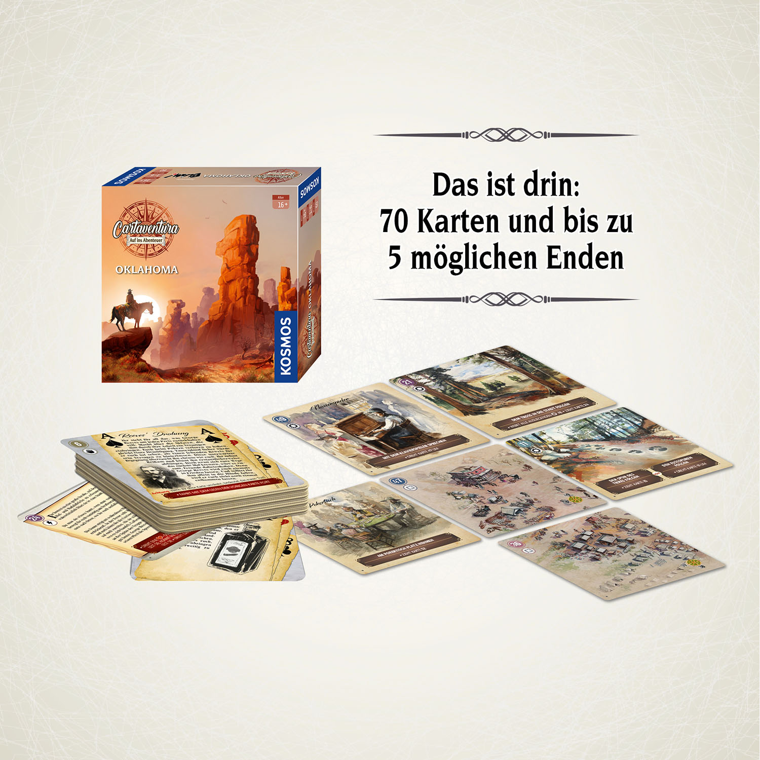 Eine Brettspielbox mit Spielkarten, die auf einer hellen Oberfläche ausgebreitet sind.