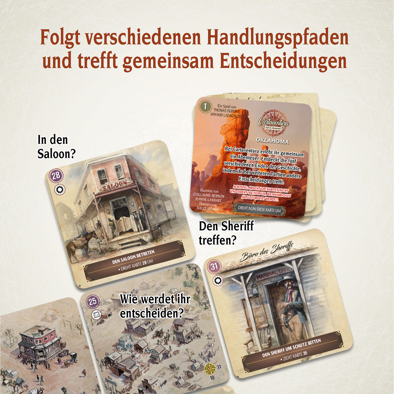 Brettspiel mit Karten, die einen Saloon, ein Sheriffbüro und andere Spielelemente zeigen.
