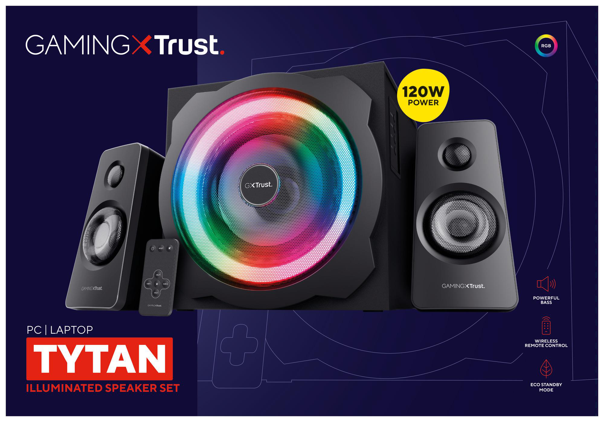 Gaming Trust Tytan 2.1 Lautsprecherset mit RGB-Beleuchtung und Subwoofer.