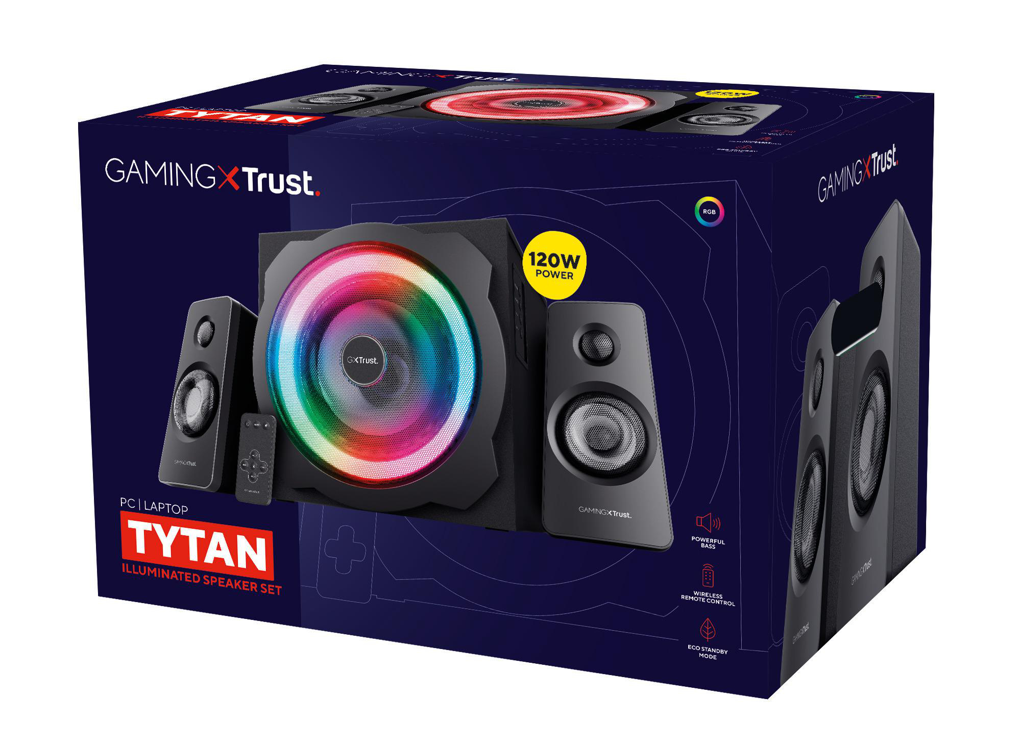 Verpackung des Trust Tytan Gaming-Lautsprechersets mit Subwoofer und zwei Satelliten sowie RGB-Beleuchtung.