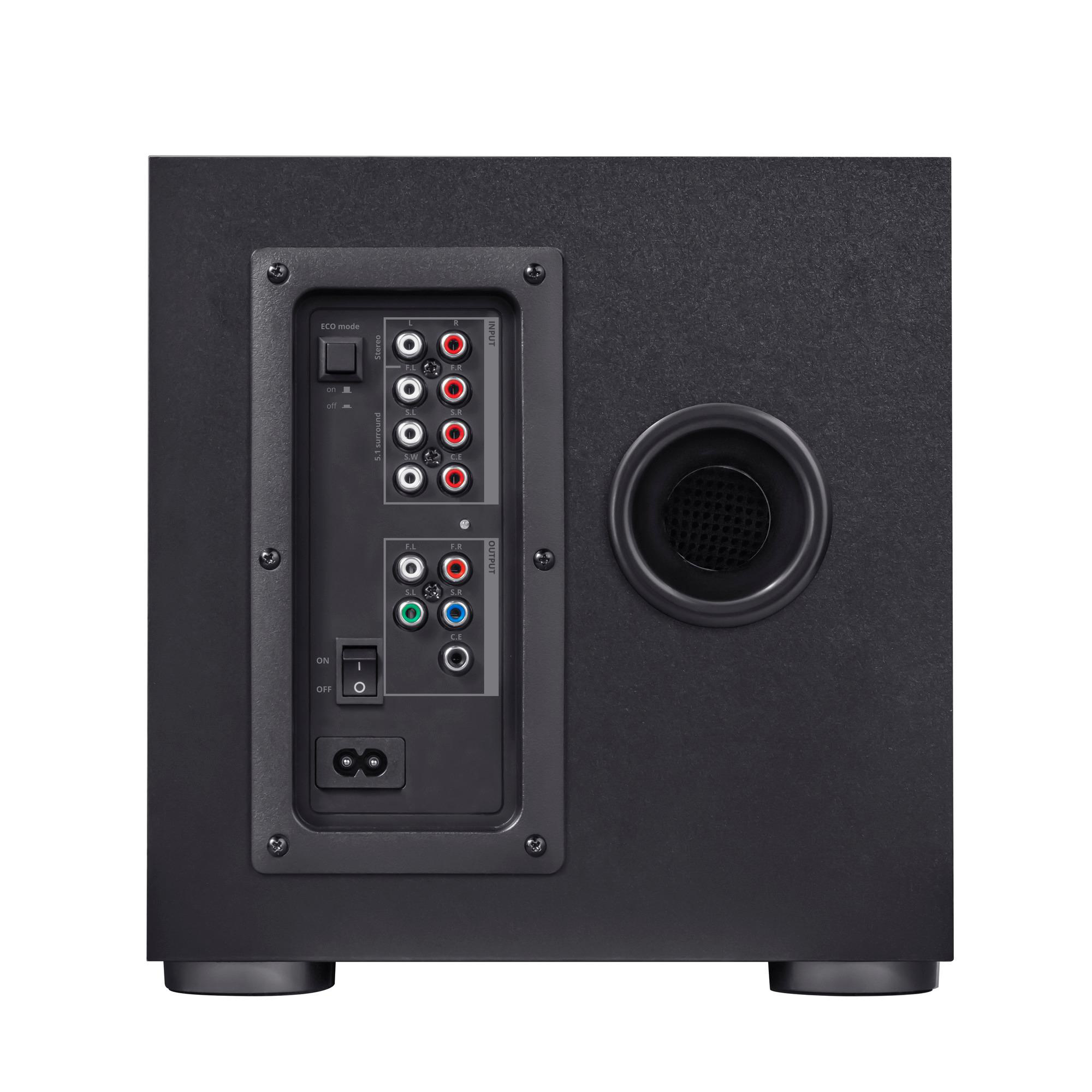 Rückseite eines schwarzen Subwoofers mit RCA-Eingängen, Ausgängen, Schaltern und einem Netzkabelanschluss.