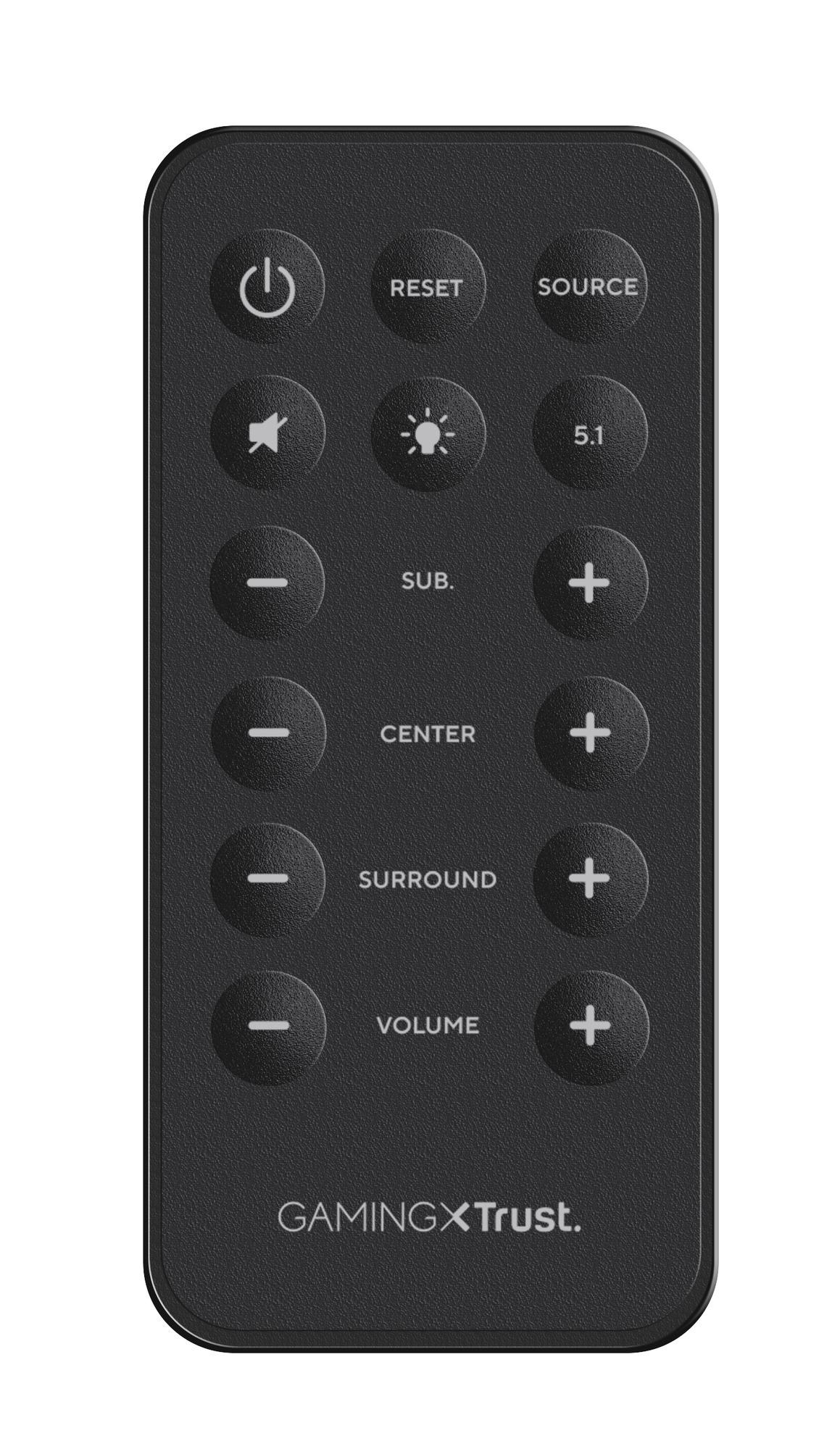 Schwarze Gaming-Fernbedienung mit runden Tasten für Lautstärke, Surround und Subwoofer, Marke Trust.