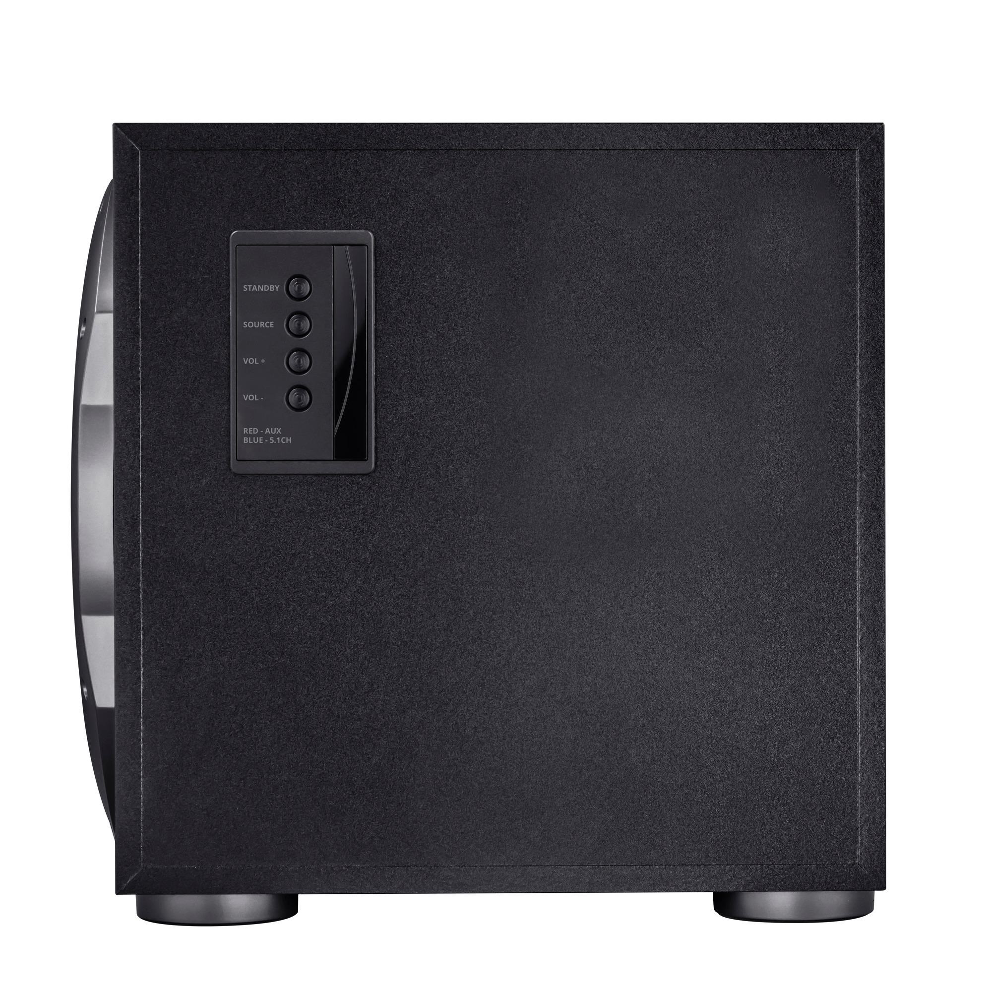 Ein schwarzer Subwoofer mit einem Bedienfeld auf der Vorderseite und runden Füßen.
