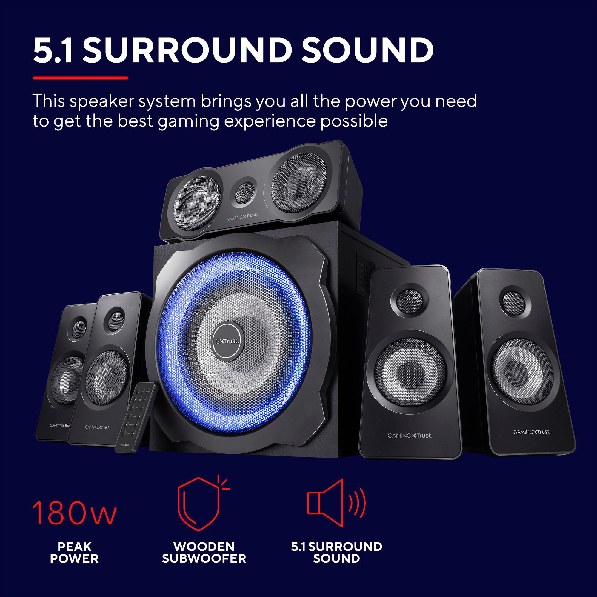 Ein 5.1-Surround-Soundsystem mit einem großen beleuchteten Subwoofer und fünf Satellitenlautsprechern.