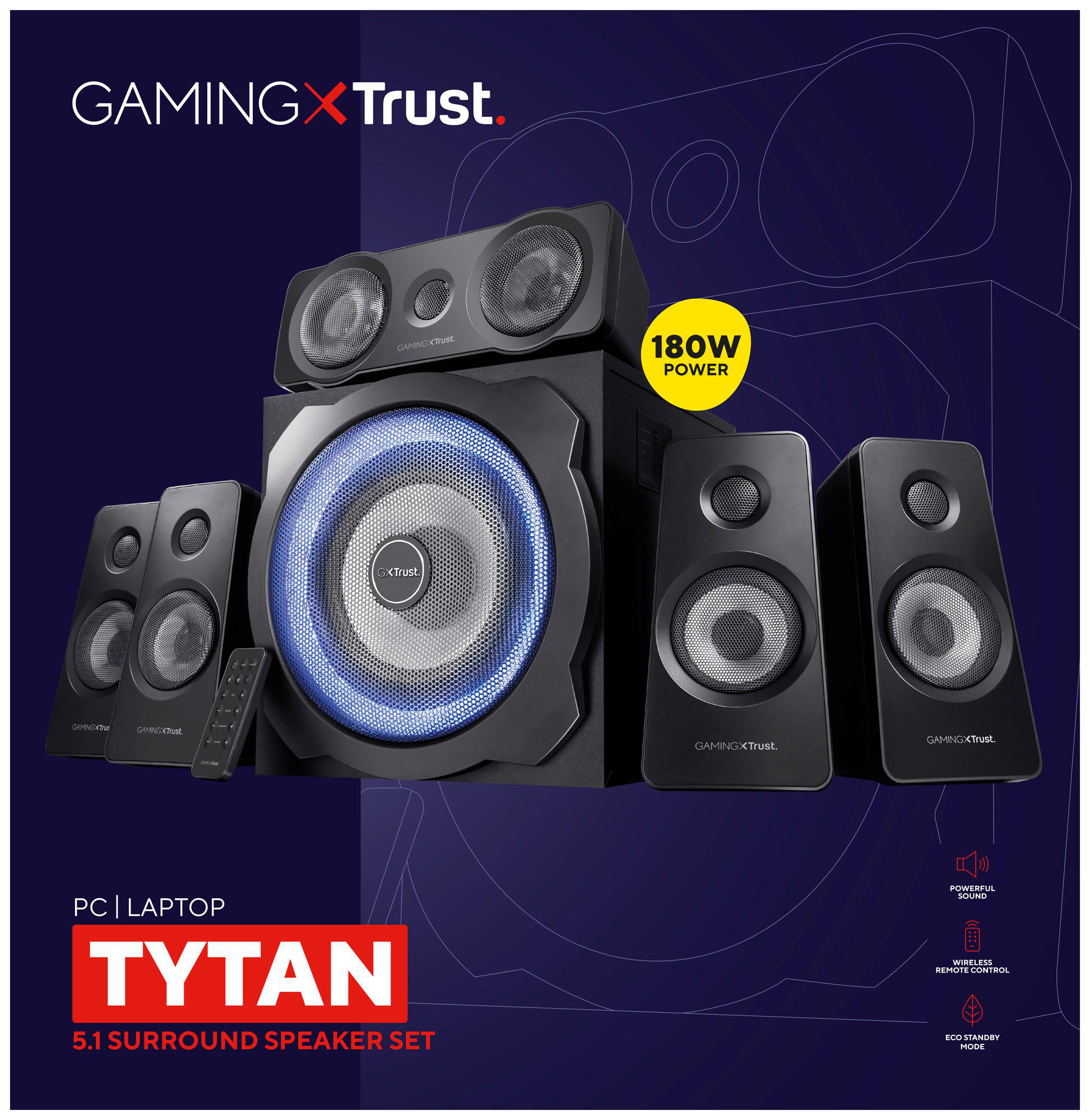 Gaming GXT Trust Tytan 5.1 Surround Lautsprecherset mit Subwoofer, vier Satellitenlautsprechern und einer Fernbedienung.
