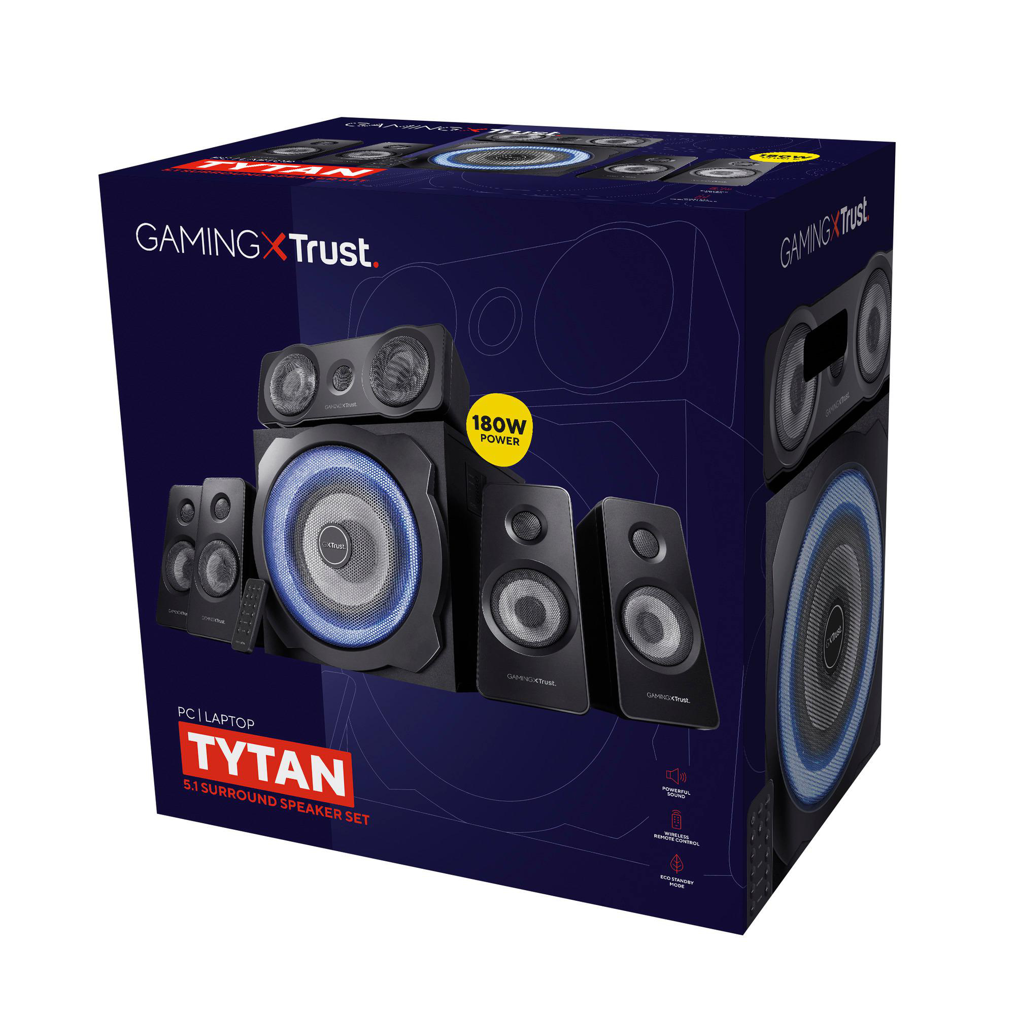 Produktverpackung eines Trust Tytan 5.1 Surround-Lautsprecherset für PC und Laptop mit 180W Leistung.