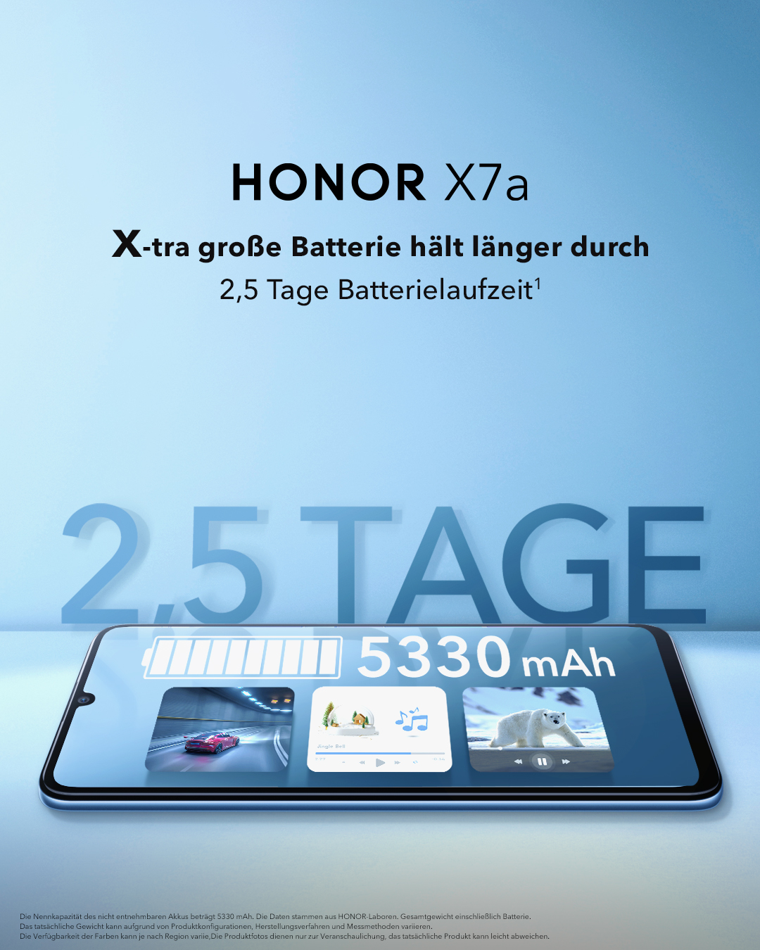 Smartphone mit Akkusymbol, 2,5 Tage Akkulaufzeit und App-Symbolen auf dem Bildschirm.