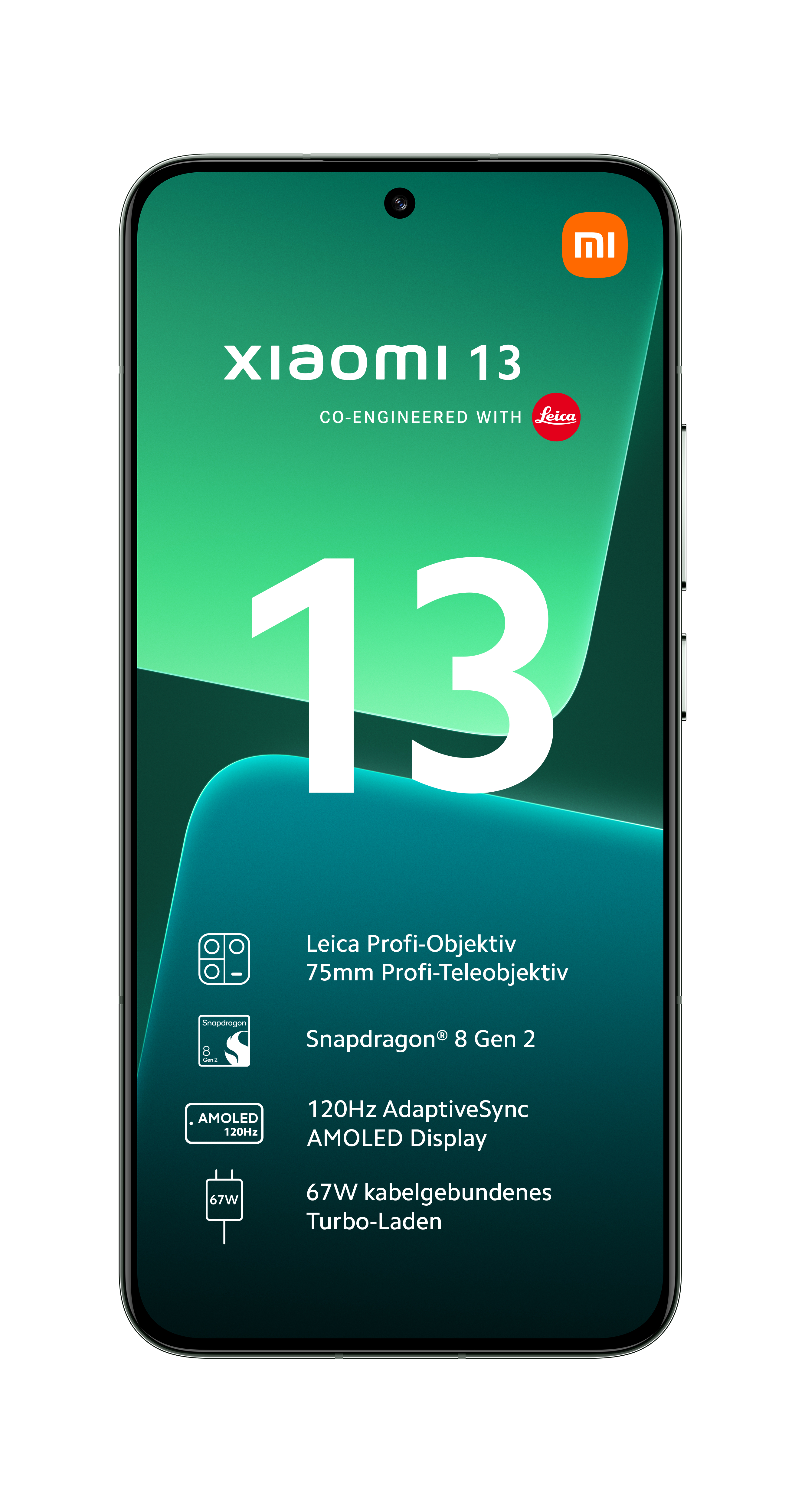 Xiaomi 13 Smartphone-Bildschirm, grüner Hintergrund, Symbole und Text mit Leica-Branding.