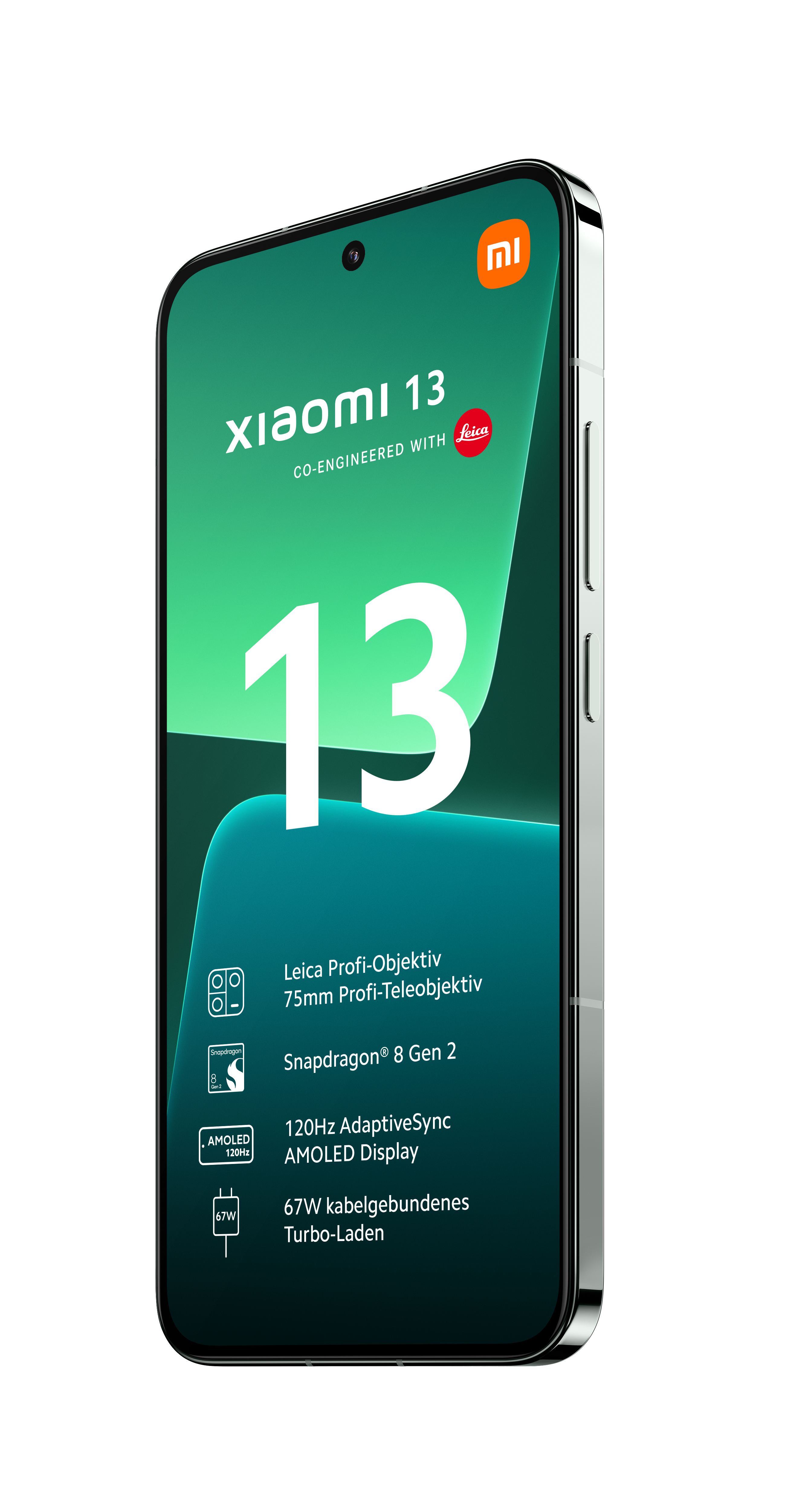 Ein weißes Xiaomi 13 Smartphone, Bildschirm mit Informationen zum Telefon.