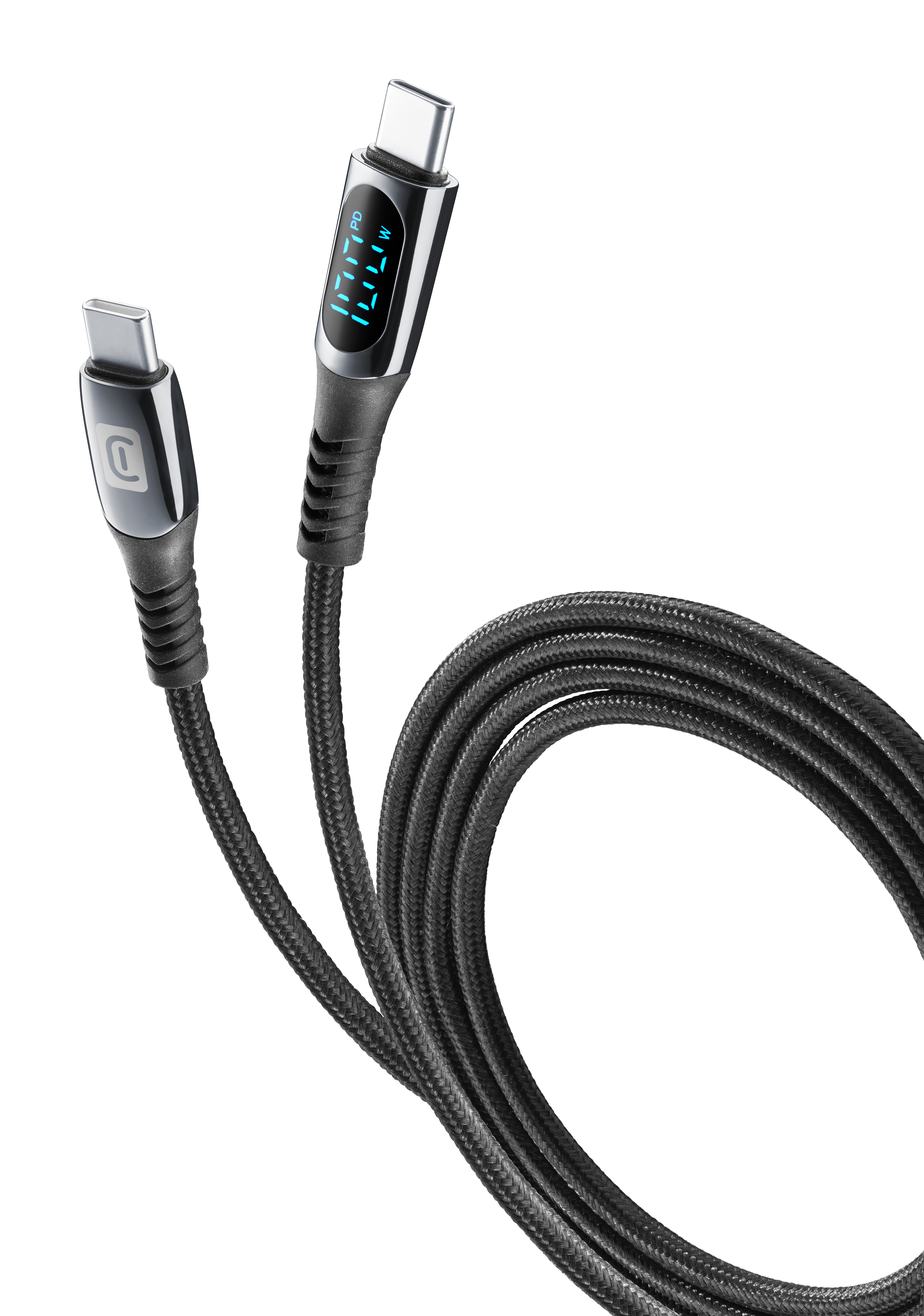 Un cable de carga USB-C negro con una pantalla que muestra el porcentaje de carga y un conector USB-C.