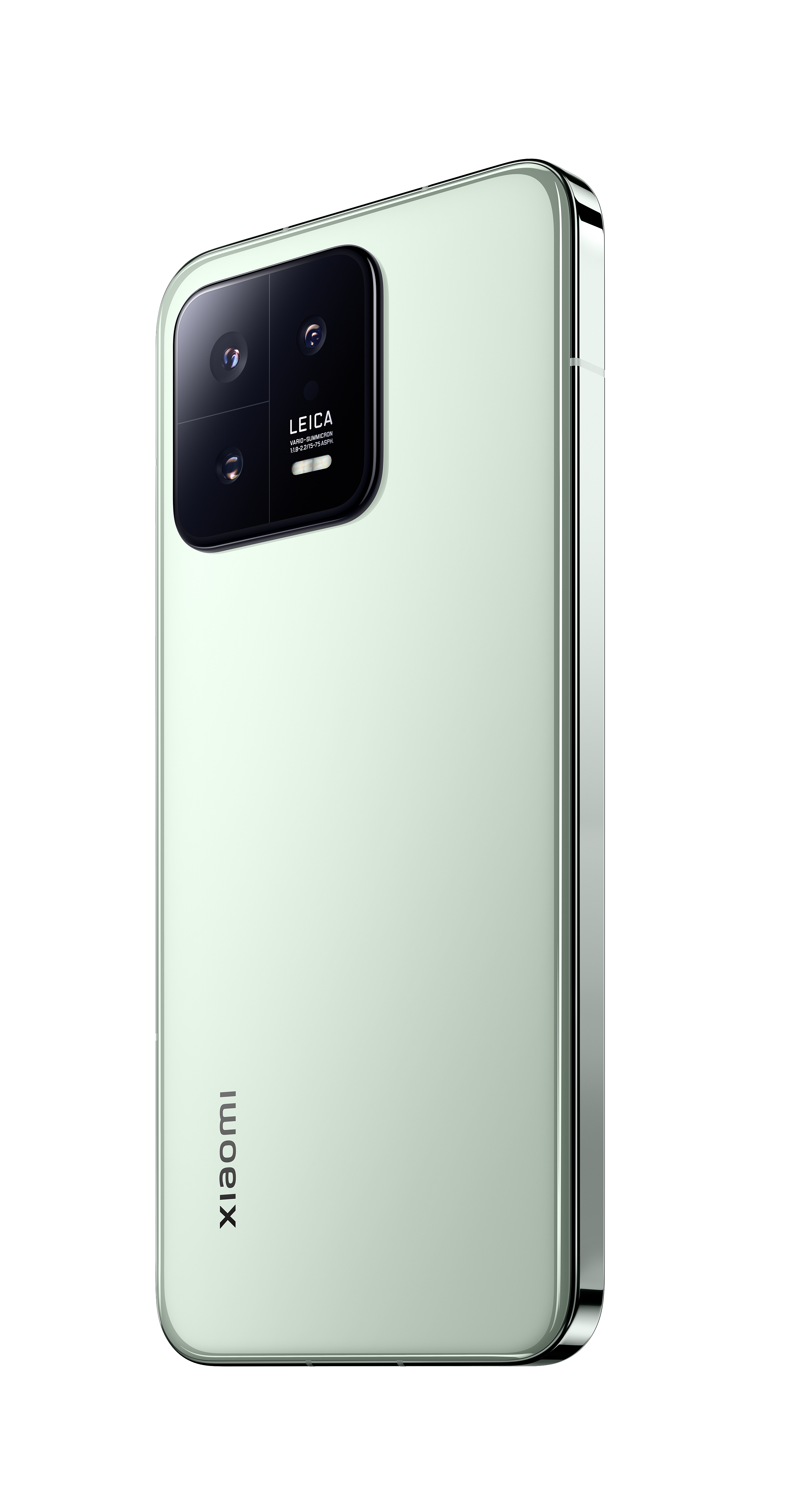 Grünes Xiaomi-Telefon, Rückansicht. Leica-Kamerasystem, silberner Rahmen, Xiaomi-Logo.