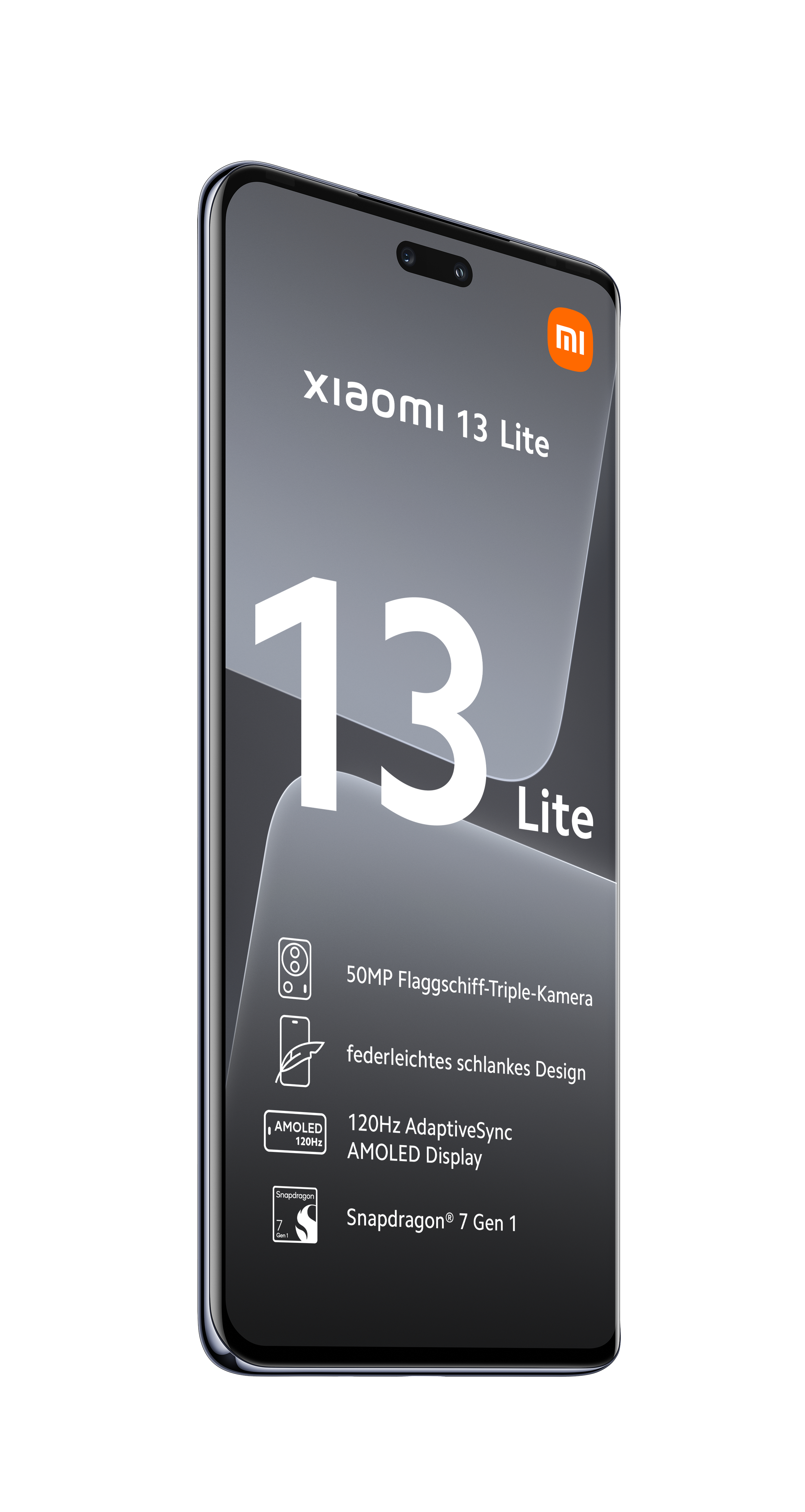 Ein Smartphone mit dem Text Xiaomi 13 Lite auf dem Bildschirm, weißer Hintergrund.