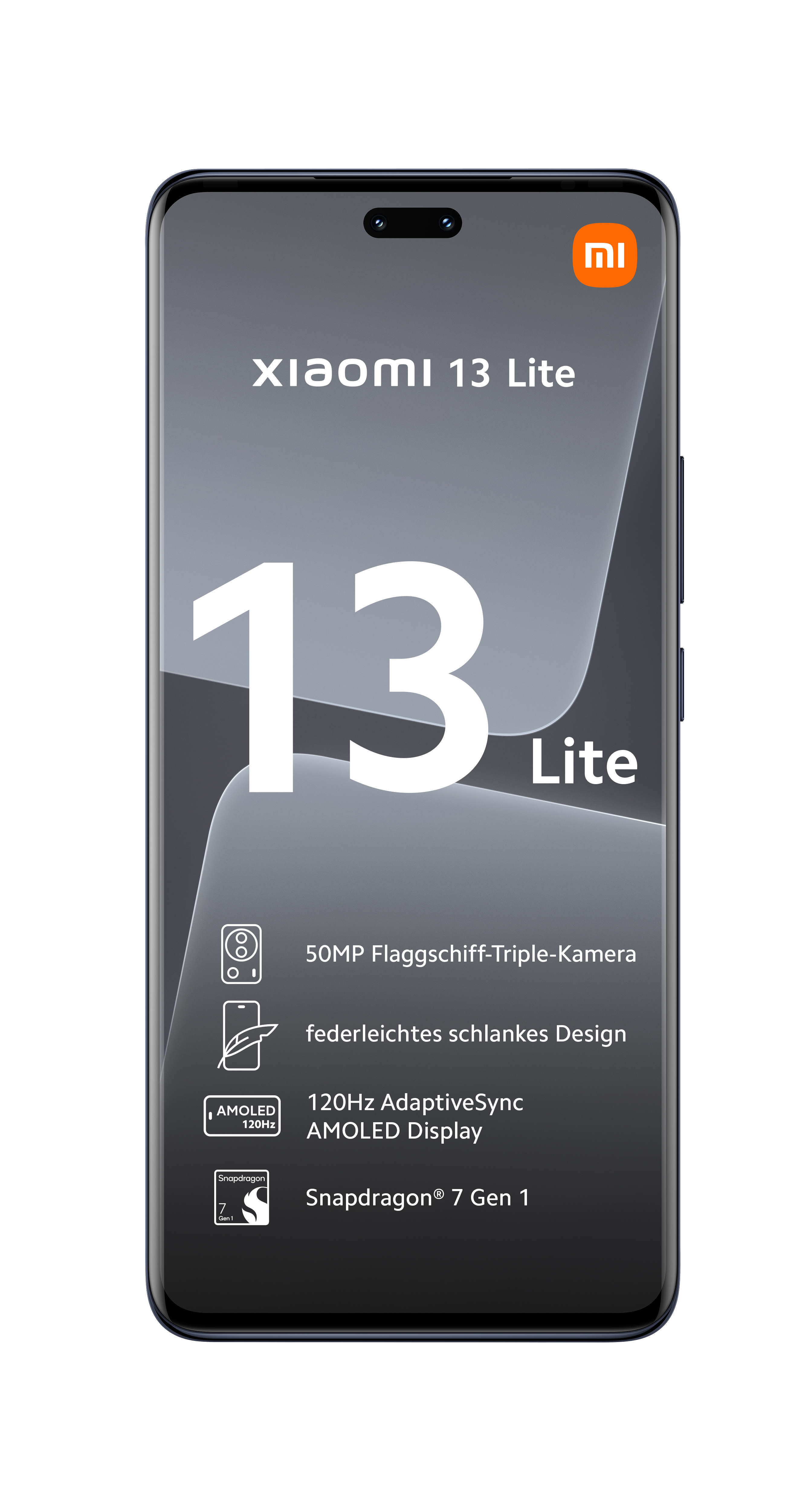 Ein Telefonbildschirm mit dem Xiaomi 13 Lite Logo und Spezifikationen.