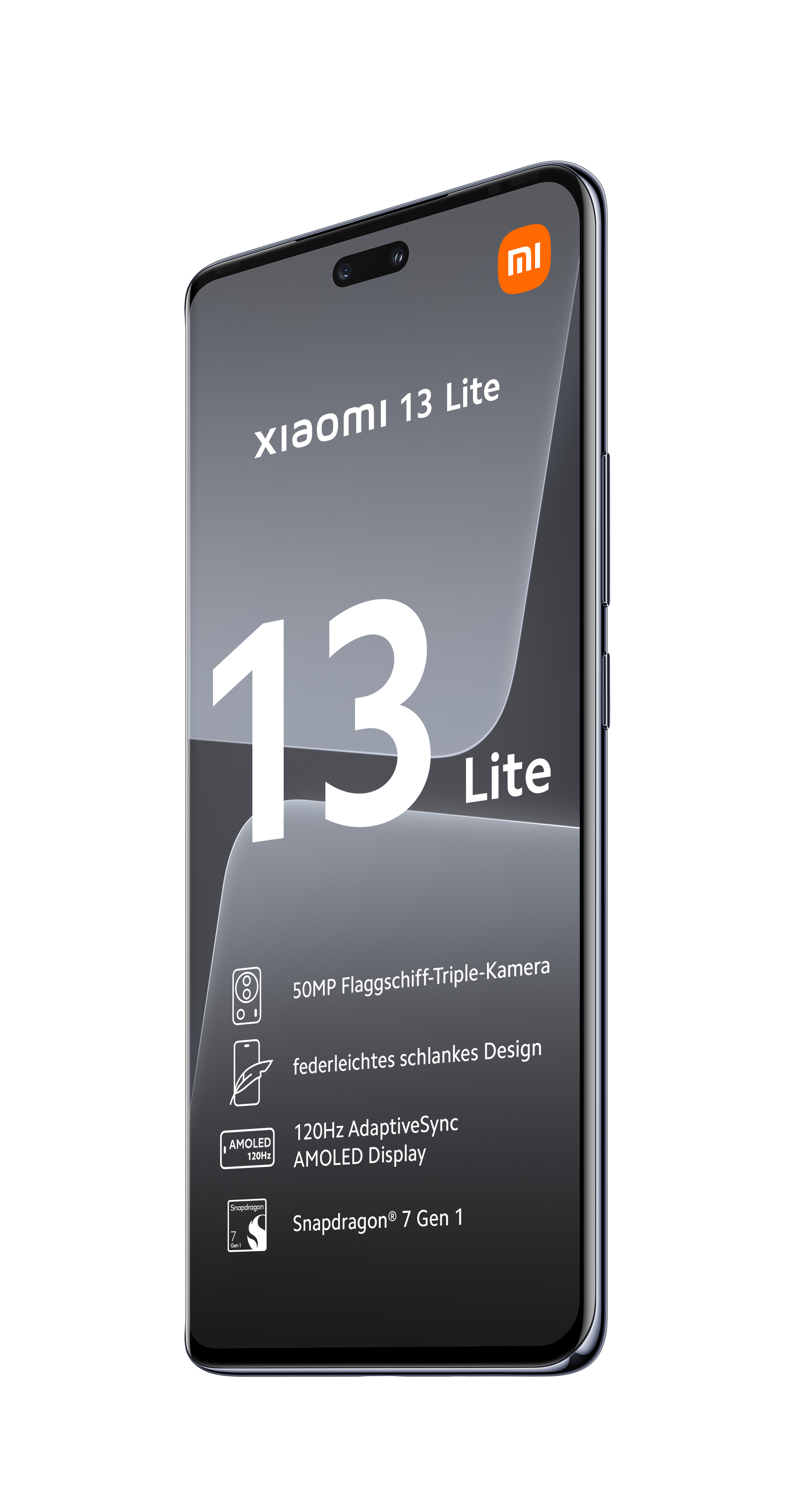Xiaomi 13 Lite Smartphone. Schwarzes Telefon mit Bildschirm, der Informationen und das Xiaomi-Logo zeigt.