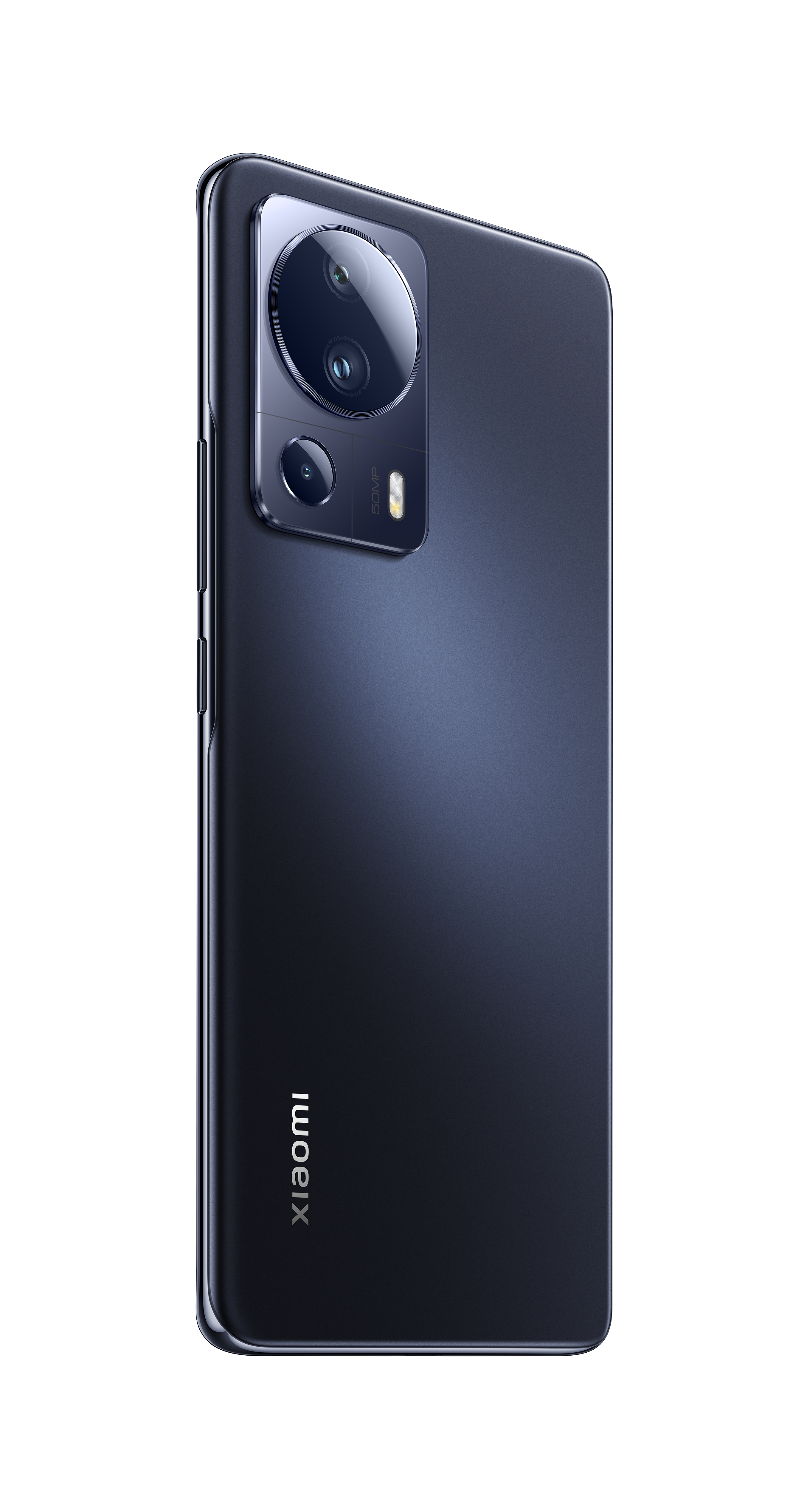 Ein schwarzes Telefon, Seitenansicht, mit Kameralinsen und dem Wort 'xiaomi' unten.