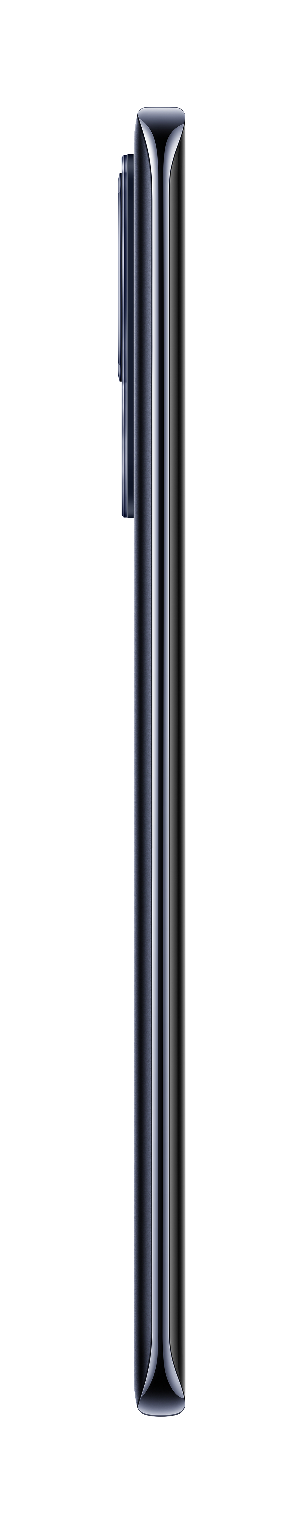 Seitenansicht eines schwarzen Telefons auf weißem Hintergrund.