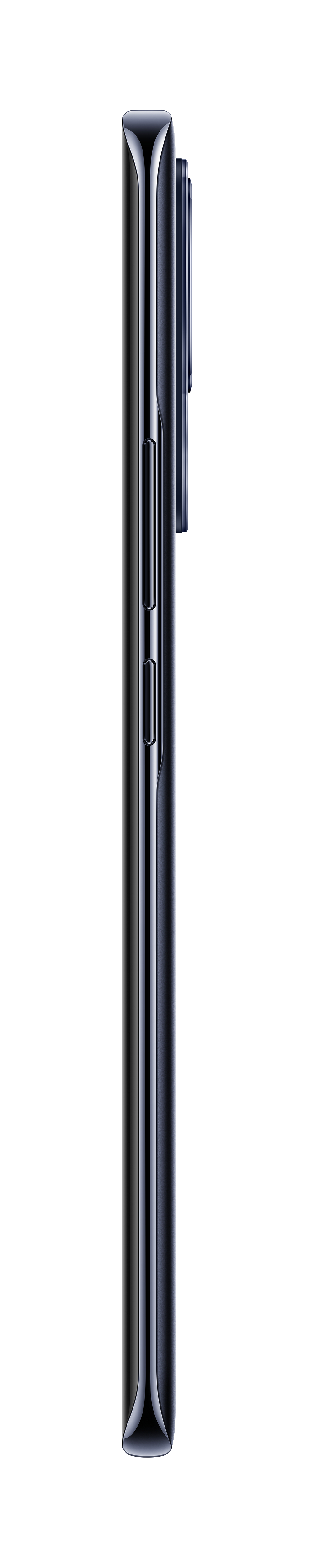 Eine Seitenansicht eines schwarzen Smartphones. Die Ein- und Aus-Taste und die Lautstärketasten sind sichtbar.