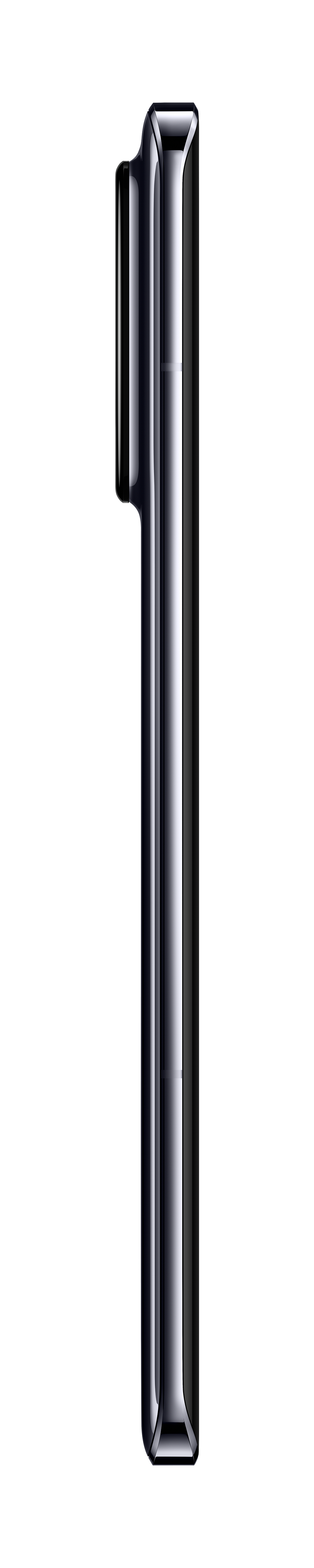 Ein schlankes, schwarzes Smartphone im Profil, vor weißem Hintergrund.
