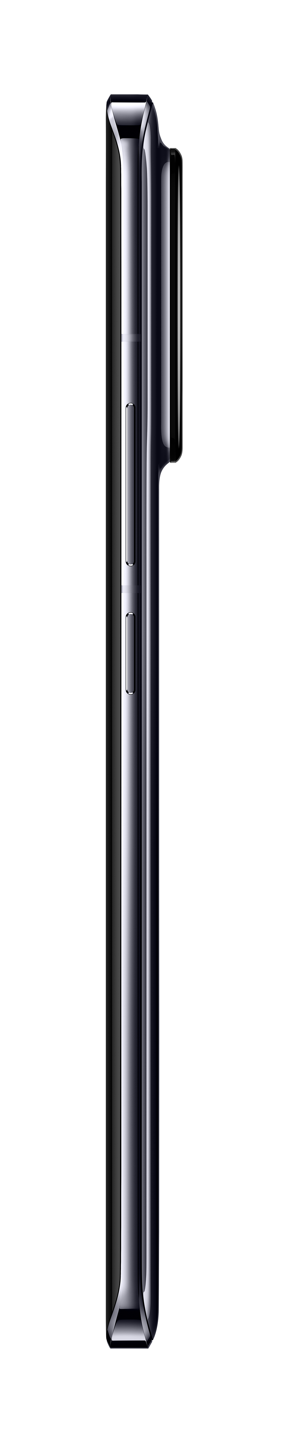 Seitenansicht eines schwarzen Smartphones mit Tasten und Kamerahügel.