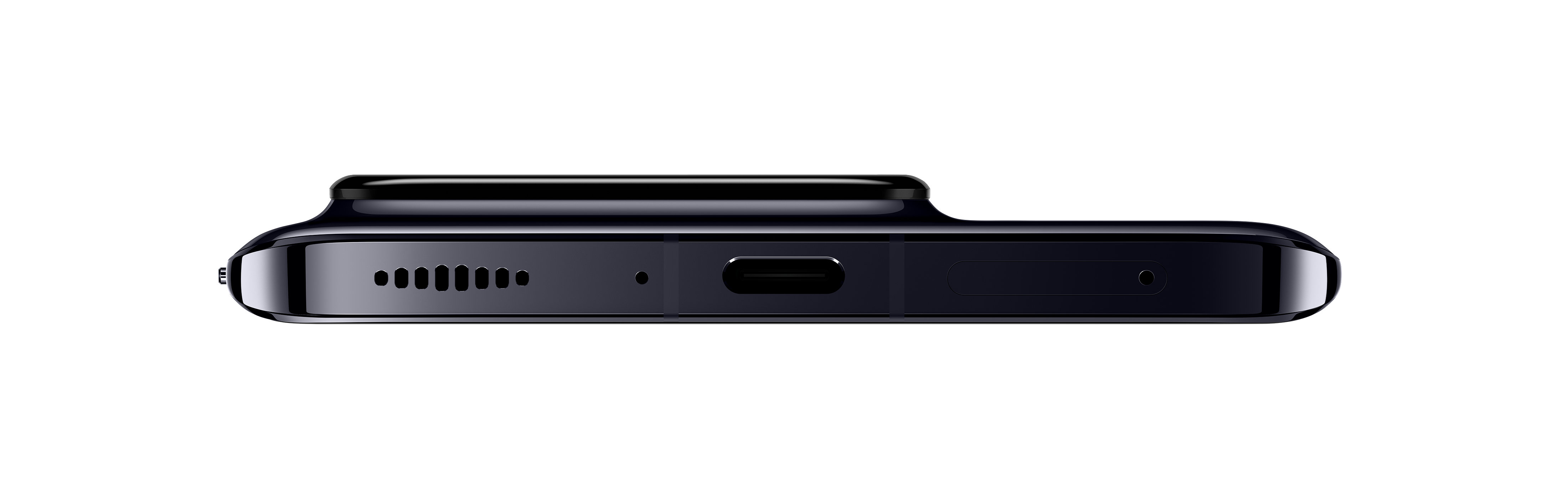 Schwarzes Smartphone, Seitenansicht. Die Seite zeigt einen Lautsprecher, Mikrofon, USB-C-Anschluss und Kamera.