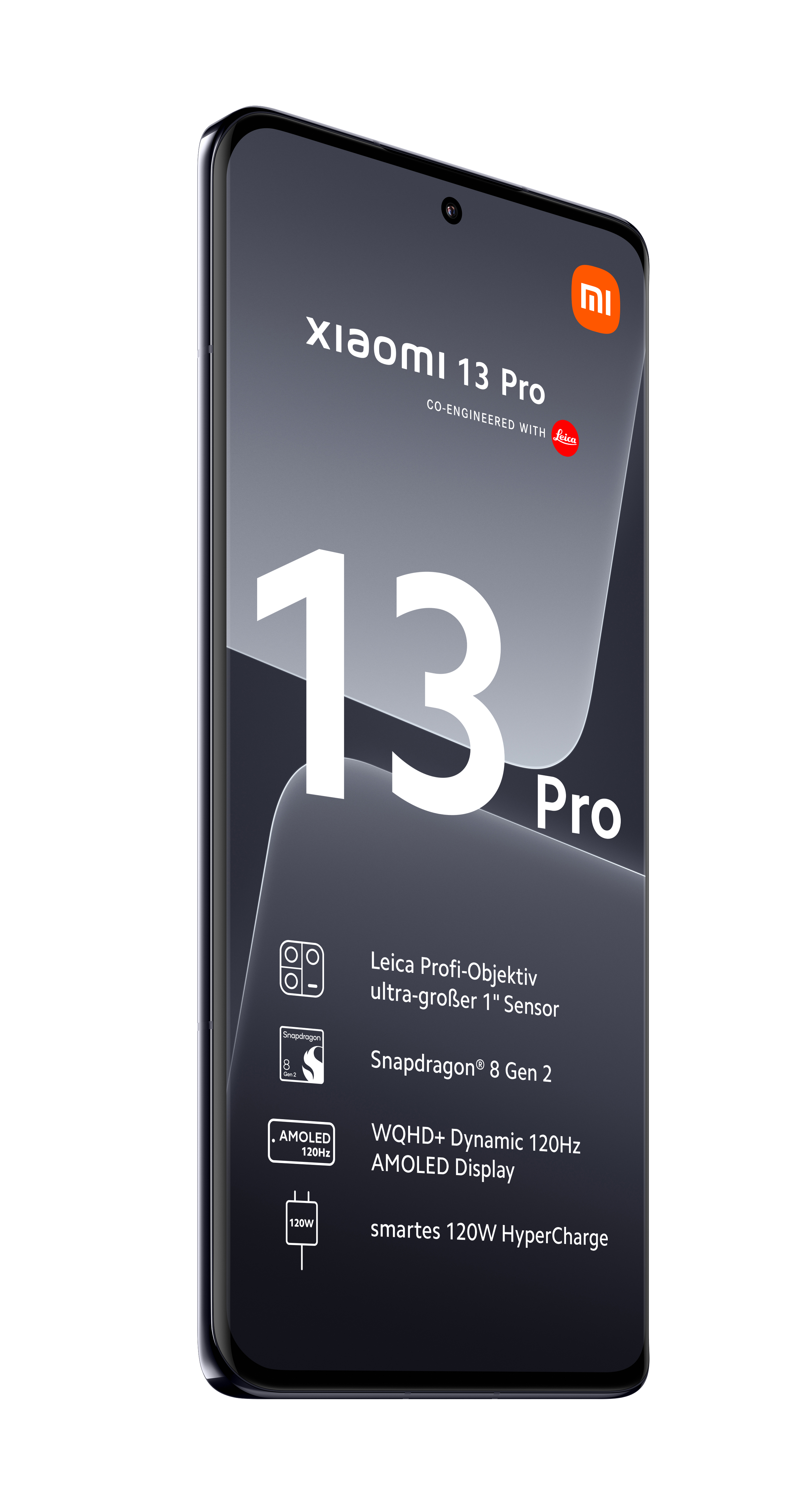 Xiaomi 13 Pro Telefon. Das Telefon wird schräg gezeigt, wobei der Bildschirm und die Rückseite zu sehen sind.
