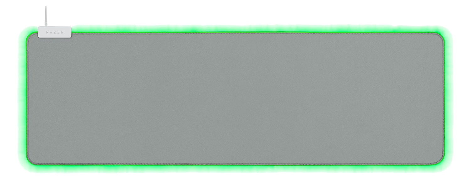 Razer gaming egérpad szürke felülettel és zöld LED szegéllyel, bal oldalon fehér Razer logóval.