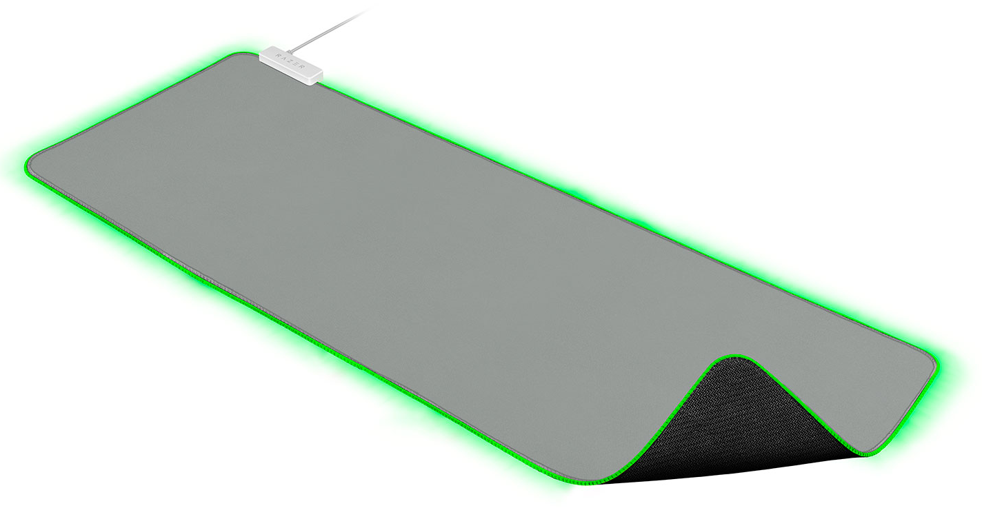 Szürke gamer egérpad zölden világító szélekkel. A Razer logója a bal felső sarokban található.