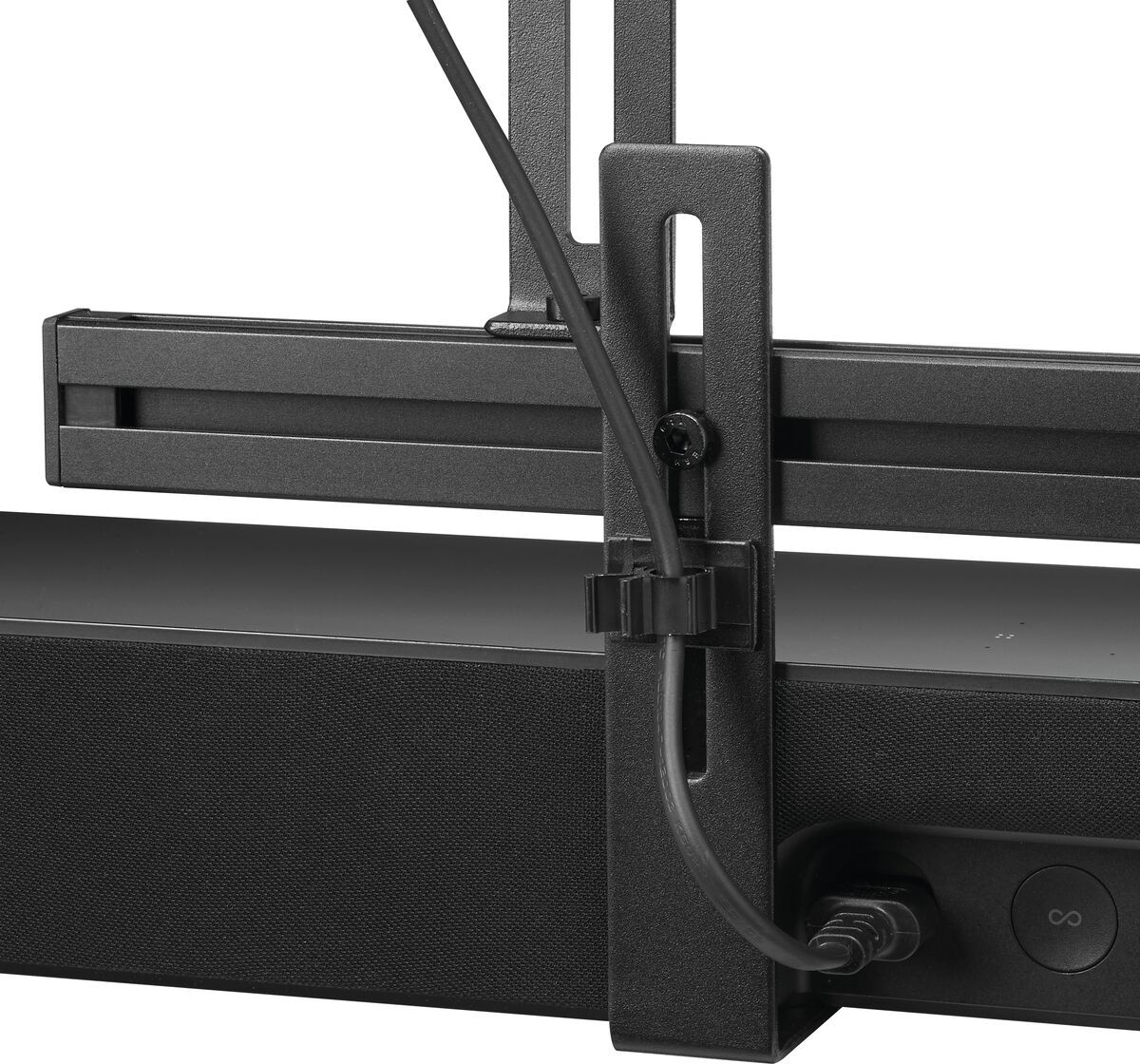 Barre de son noire montée avec un support, un câble et un connecteur.