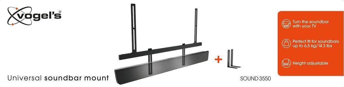 Support de barre de son noir, supports noirs et texte orange sur fond blanc.