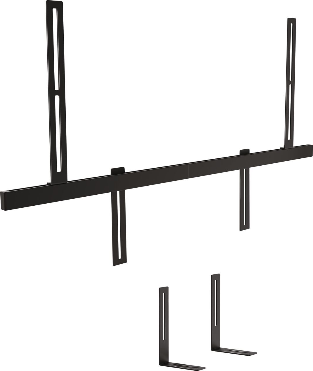Supports de montage TV noirs ; barres horizontales et verticales et supports en forme de L.