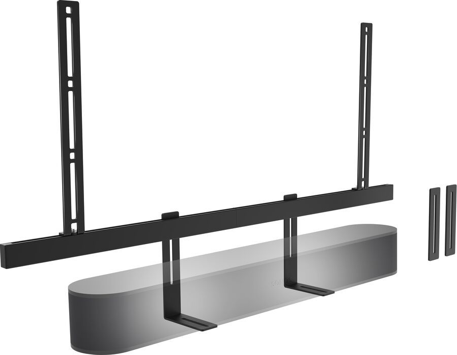 Une barre de son noire avec des supports de montage et du matériel.