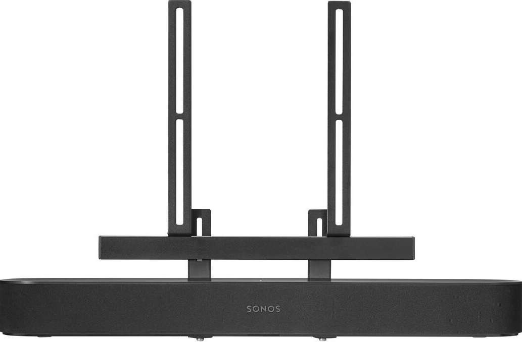 Barre de son noire avec deux supports verticaux en haut, sur fond blanc.