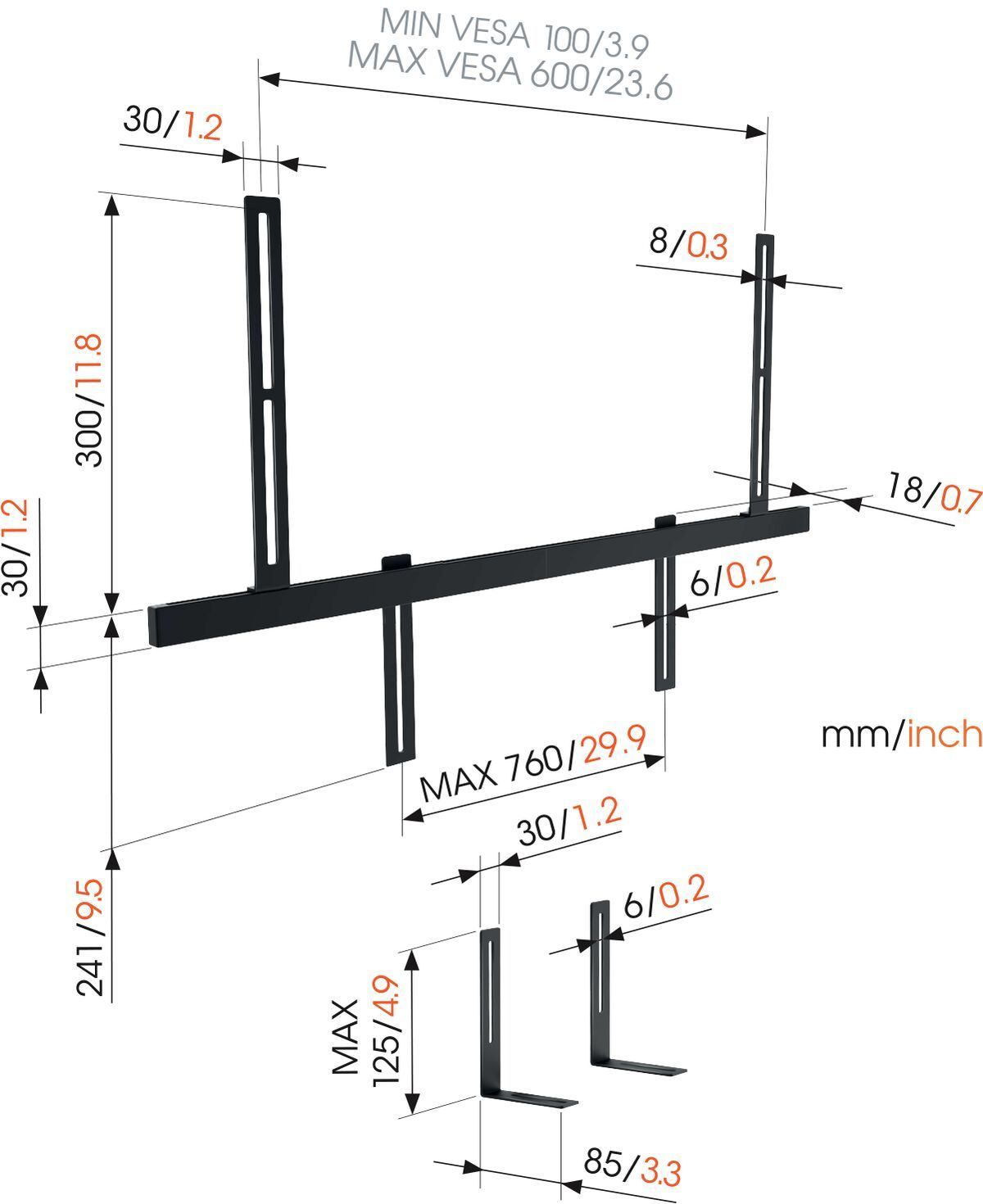 Dessin technique avec dimensions en mm et pouces d'un support de suspension pour un moniteur.