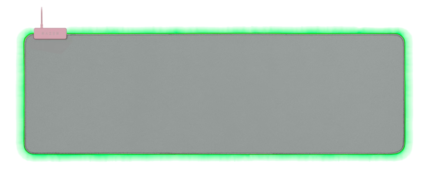 Nagy, téglalap alakú szürke egéralátét, rózsaszín Razer logóval és zöld fényszegéllyel.