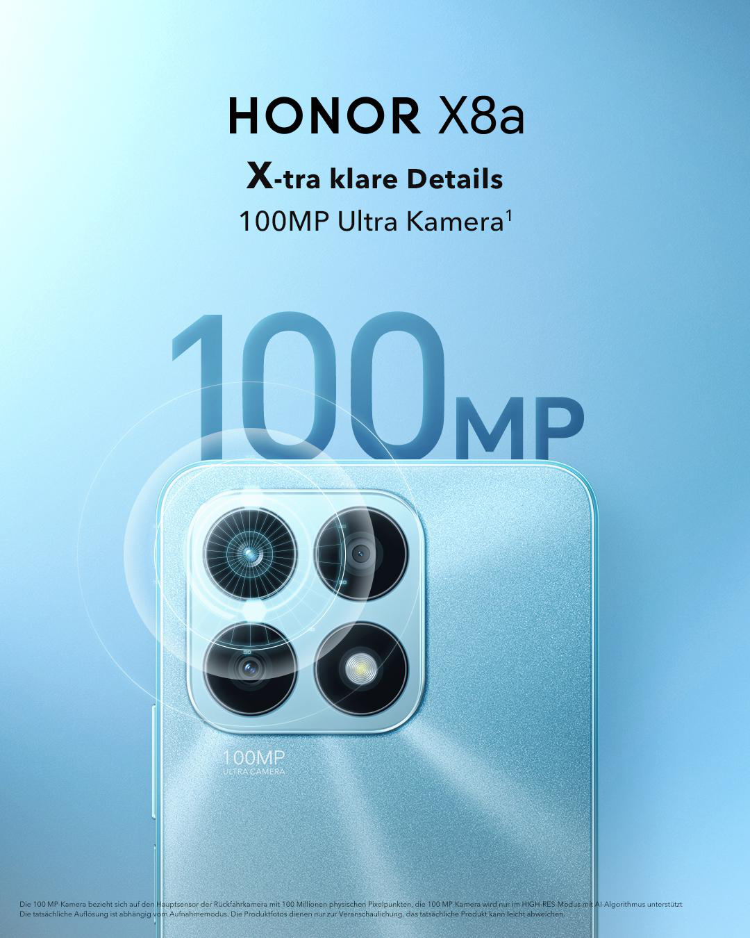 Hellblaues Telefon mit Kameras und Text '100MP Ultra Kamera'.