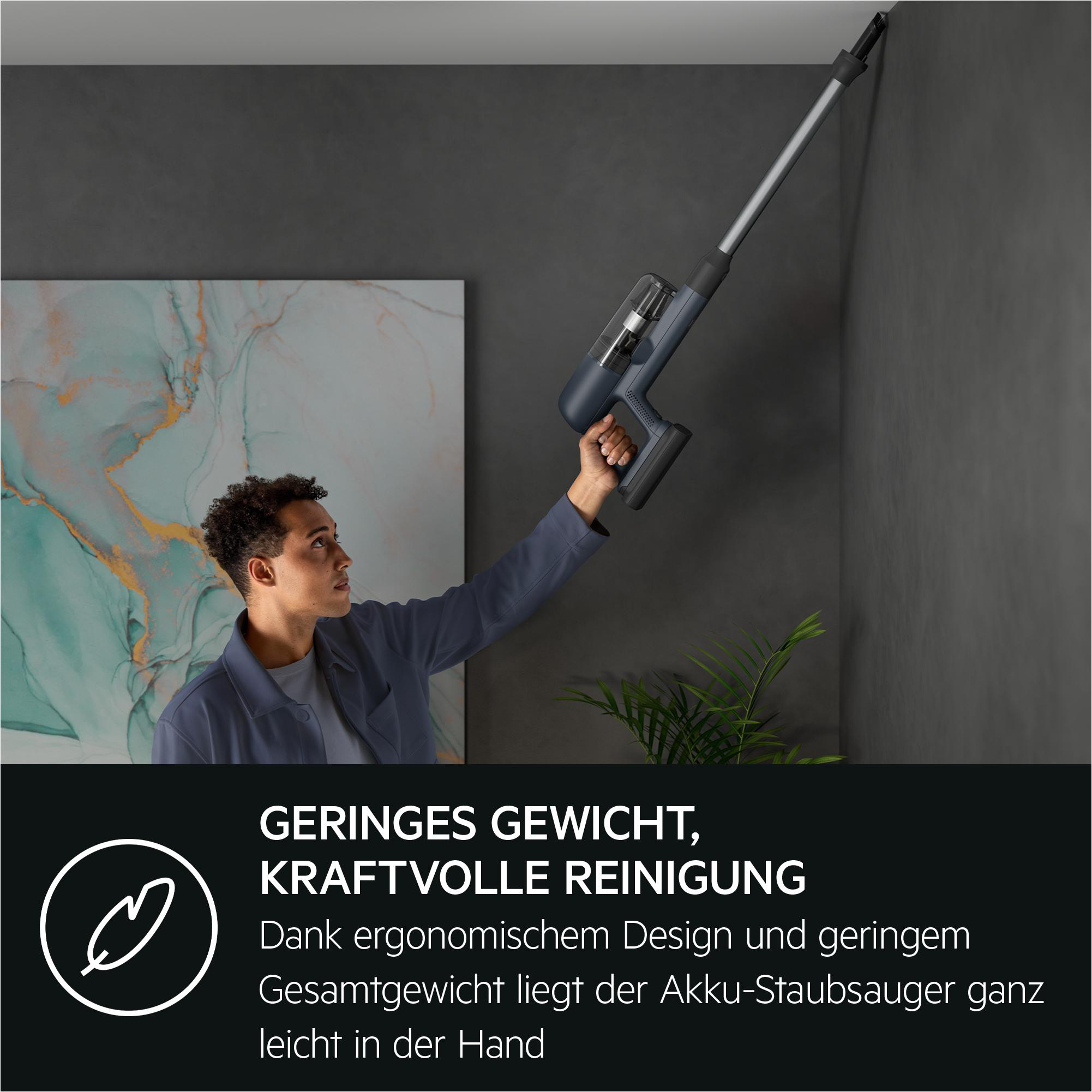 Ein Mann reinigt eine Wand mit einem kabellosen Staubsauger. Text: leicht in der Hand.