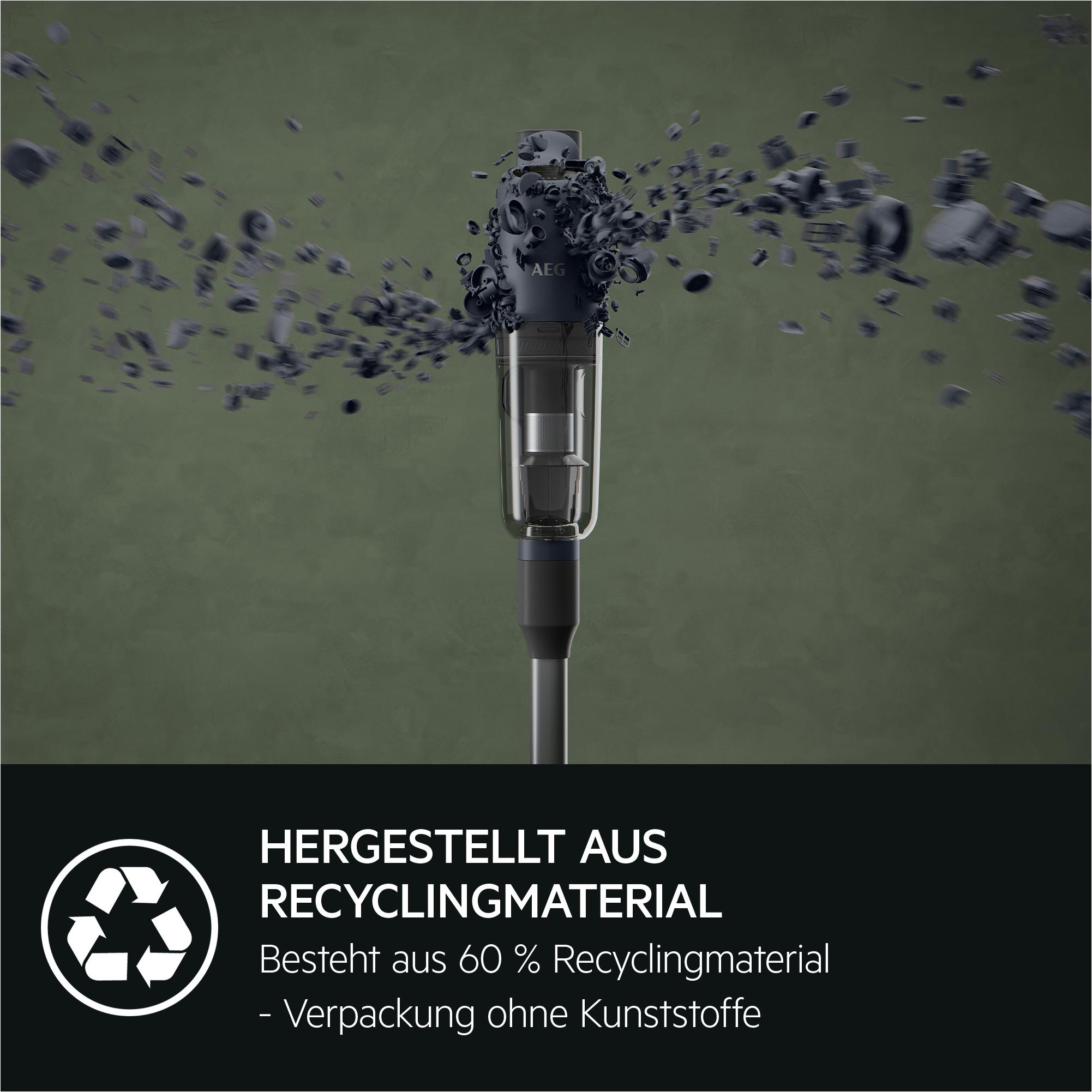Ein senkrechter schwarz-grauer Staubsauger mit dunklen Partikeln, die Marke AEG ist sichtbar.