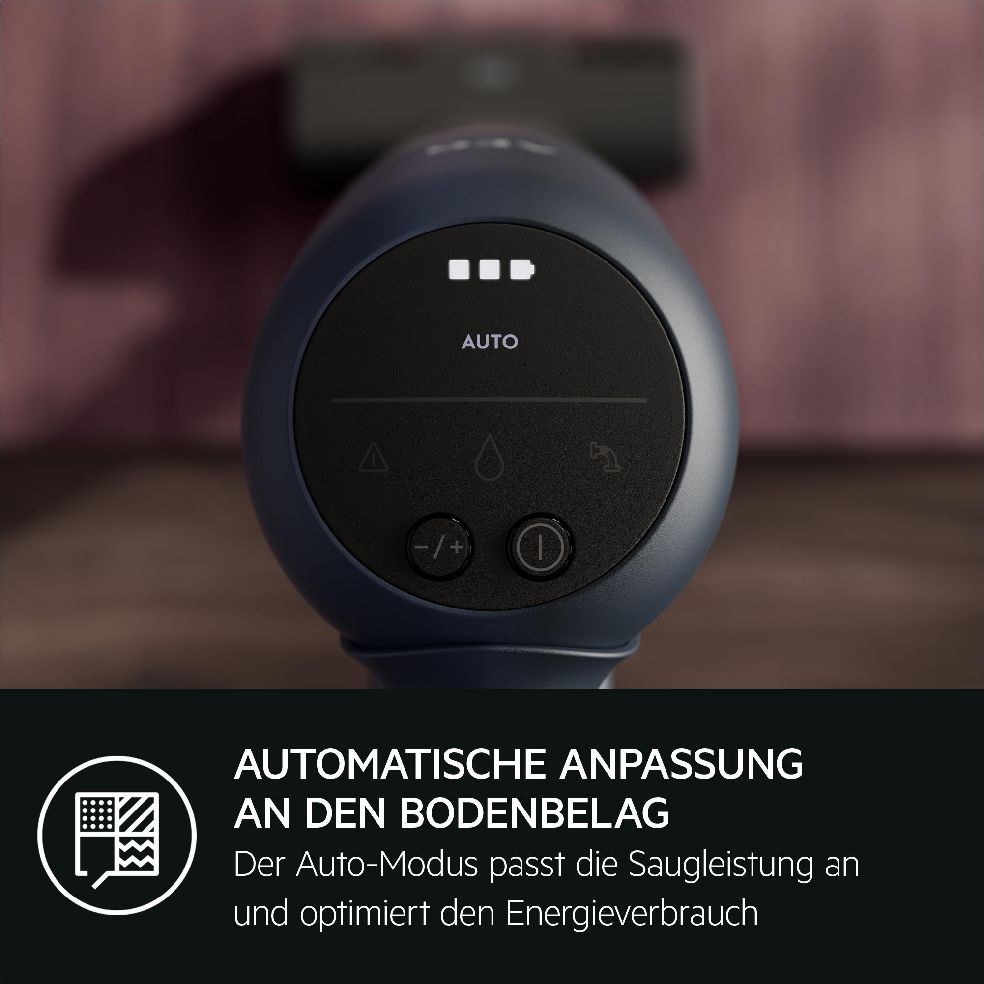 Nahaufnahme eines Staubsaugerkopfes mit Knöpfen. Text erklärt den Automodus.