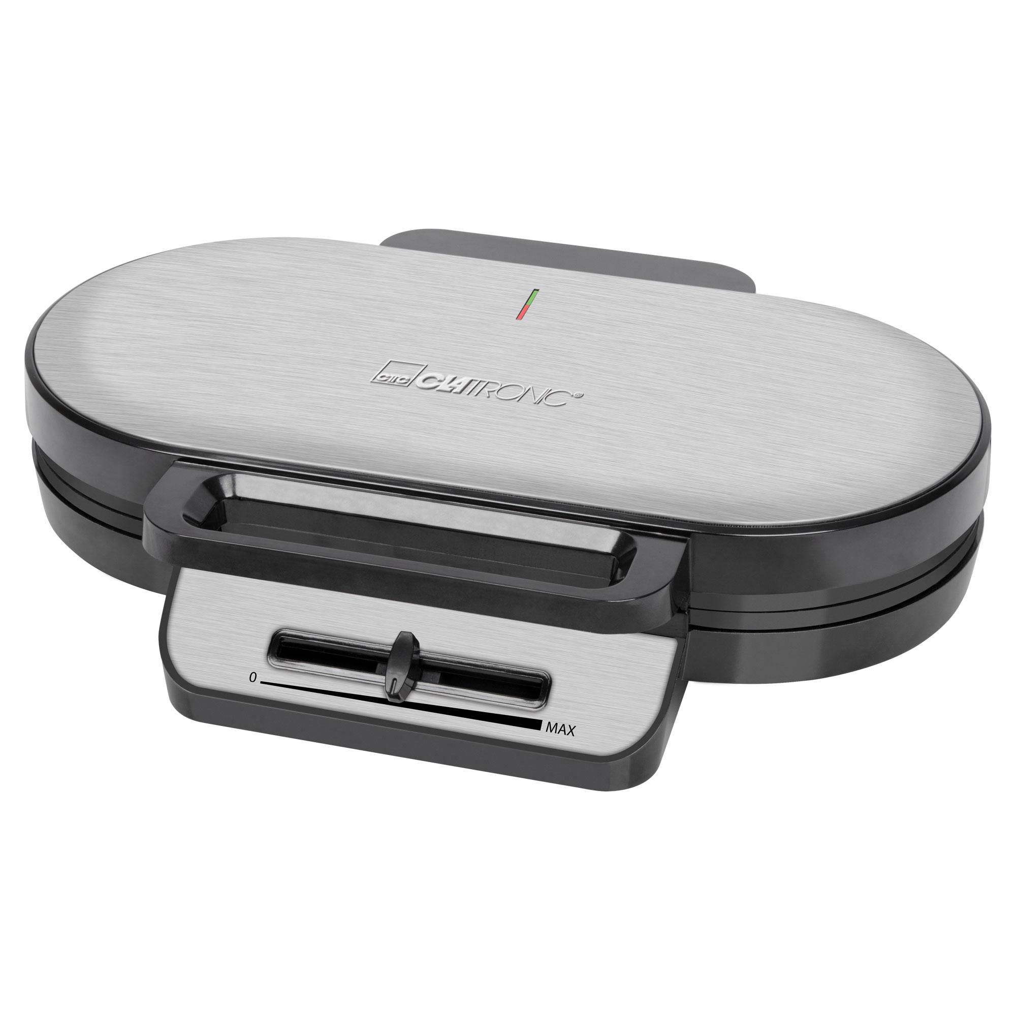 Silber-schwarzer Waffeleisen mit Drehknopf zur Einstellung der Hitze.
