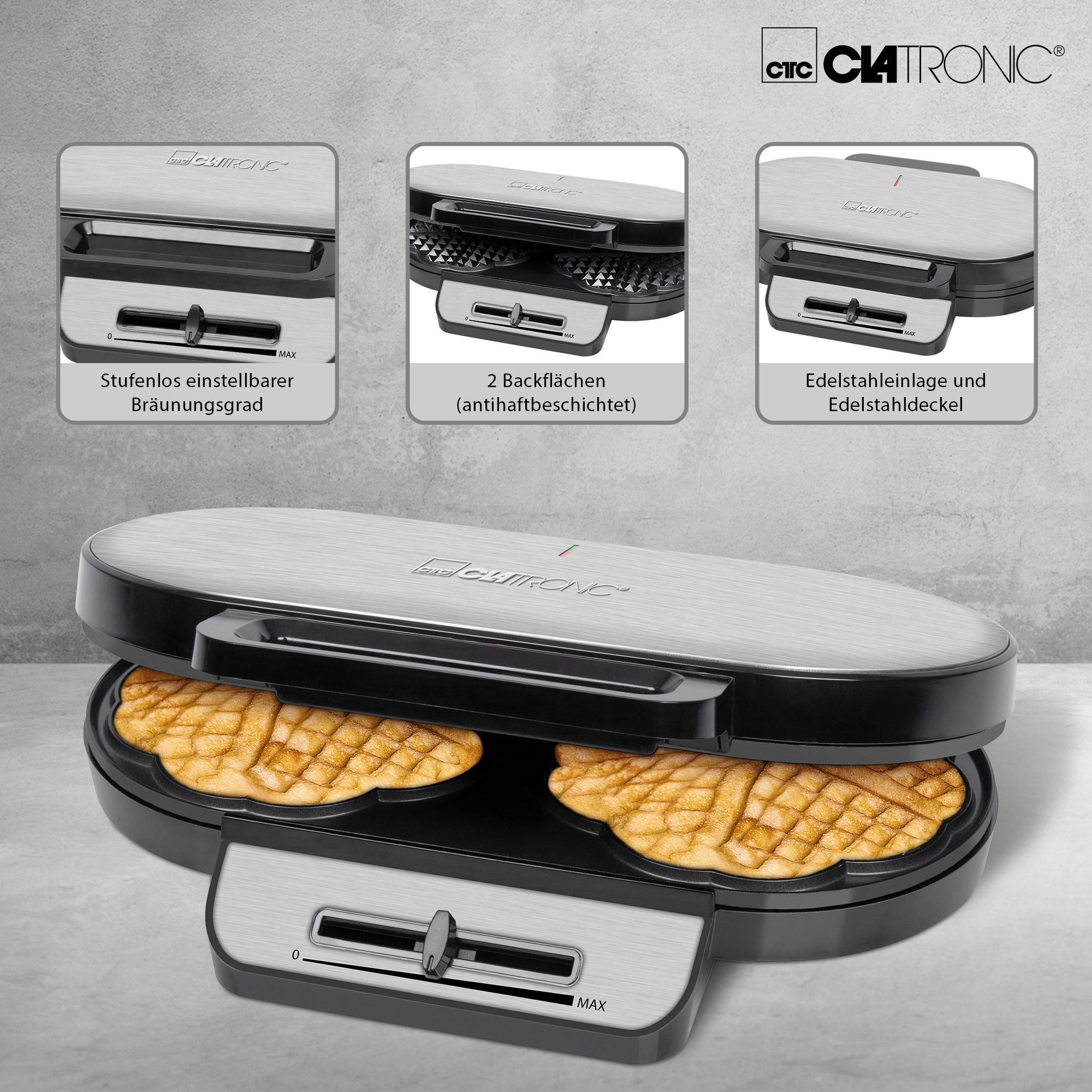Clatronic Waffeleisen geöffnet mit zwei Waffeln. Silber und schwarz mit einstellbarem Bräunungsgrad.
