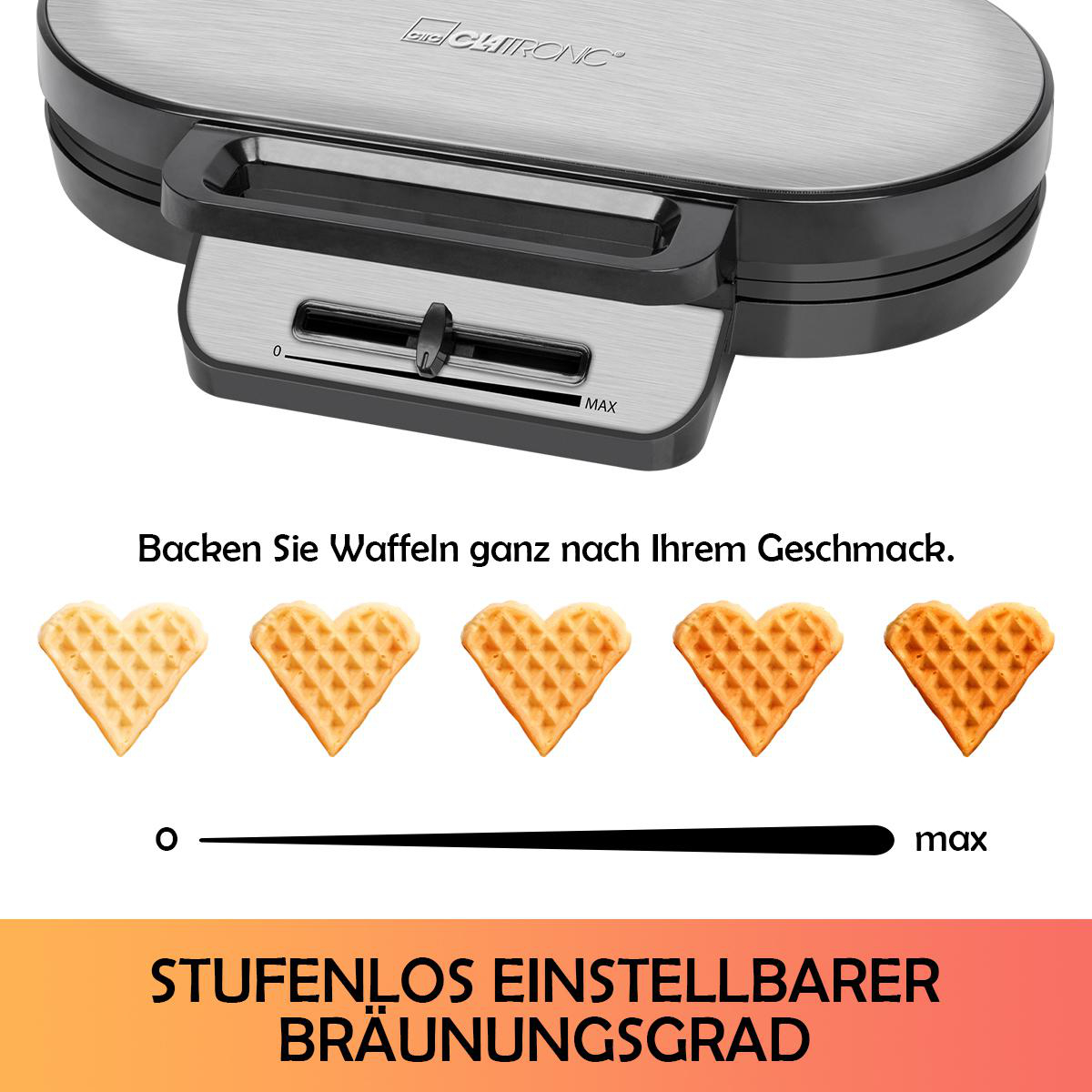 Waffeleisen mit Waffeln. Einstellbare Bräunungskontrolle sichtbar.