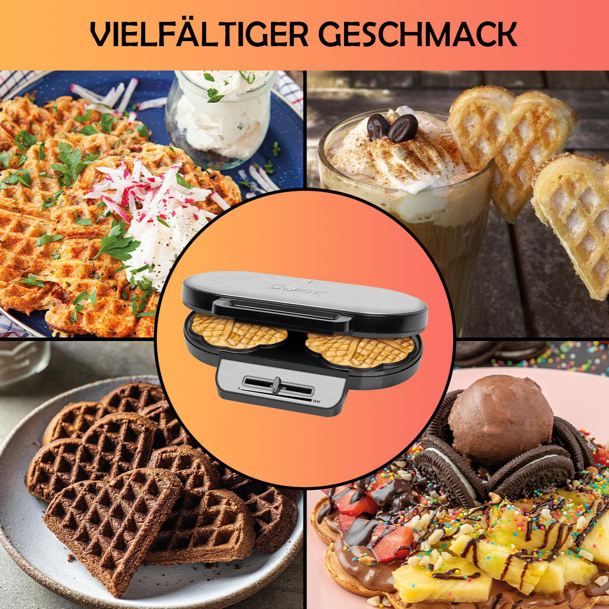 Waffeleisen mit Waffeln und Belägen. Es gibt verschiedene Arten von Waffeln und einen Waffeleisen.