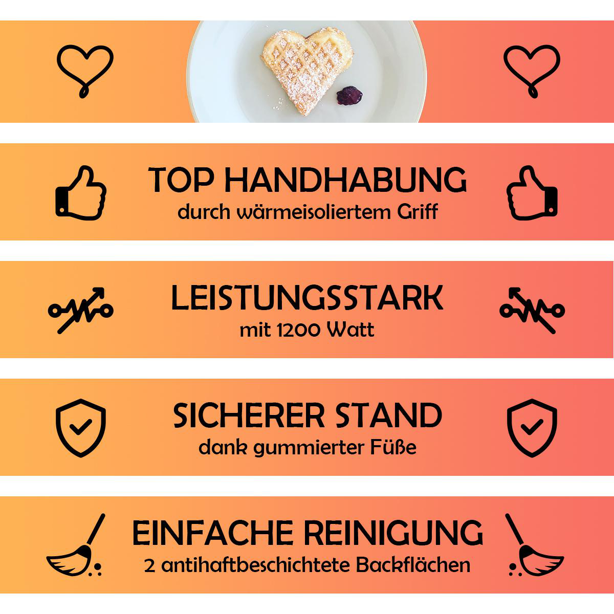 Waffeleisen mit Waffeln oben drauf. Text auf Deutsch: 'Top Handling'.