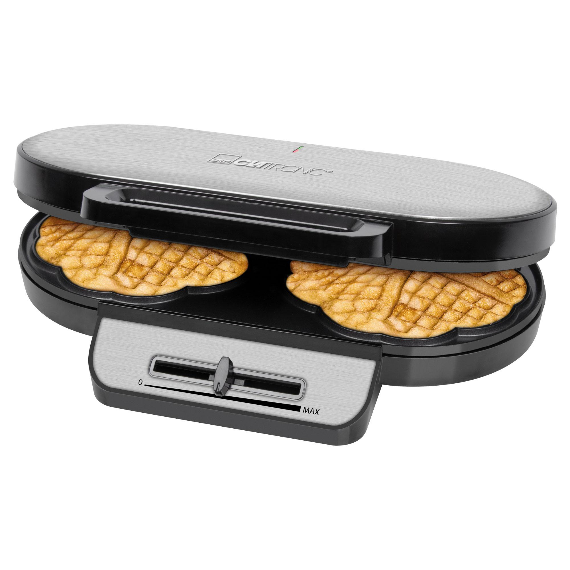 Waffeleisen mit zwei Waffeln, einem silbernen Bedienfeld und einem schwarzen Äußeren.