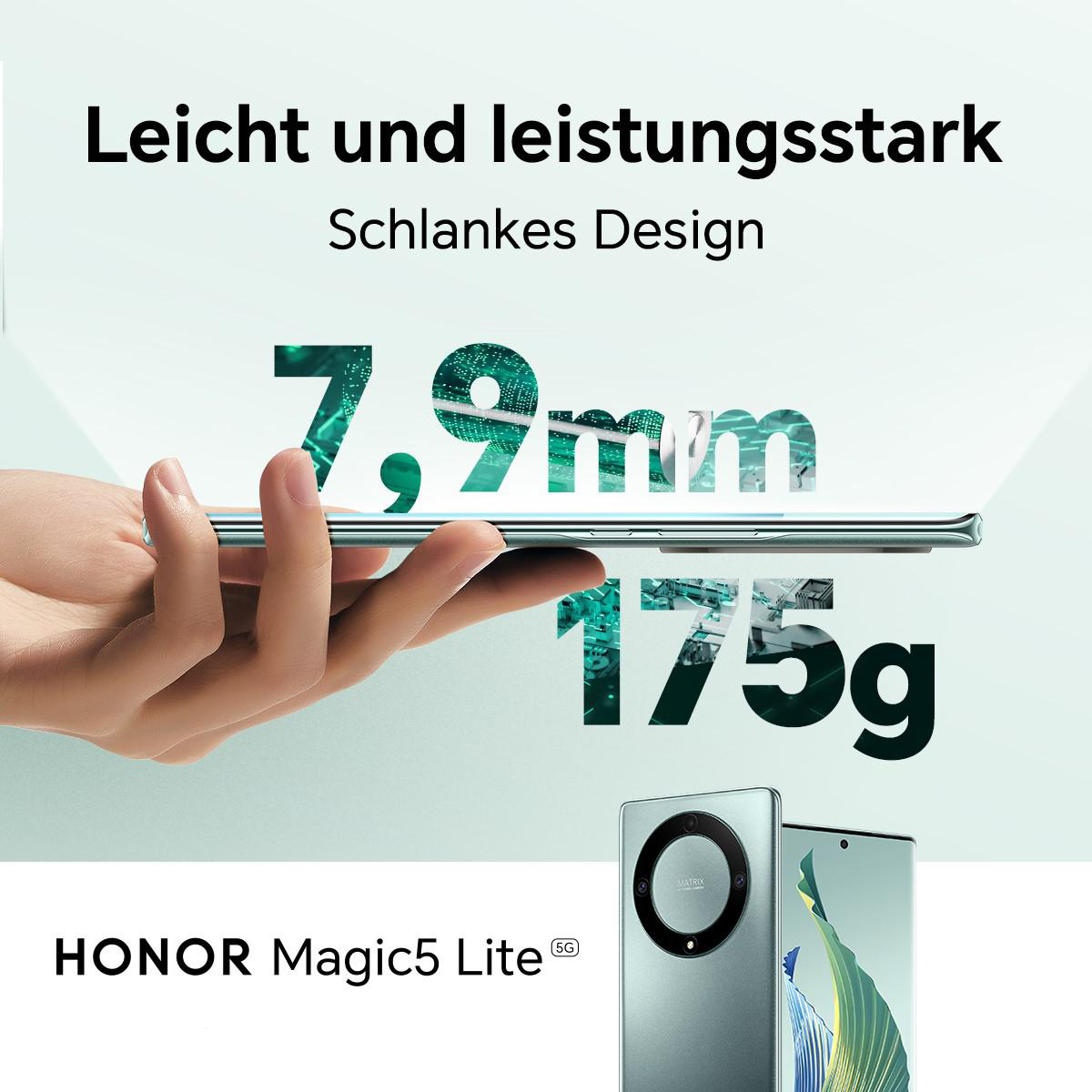 Hand hält grünes Telefon, zeigt Dicke und Gewicht.